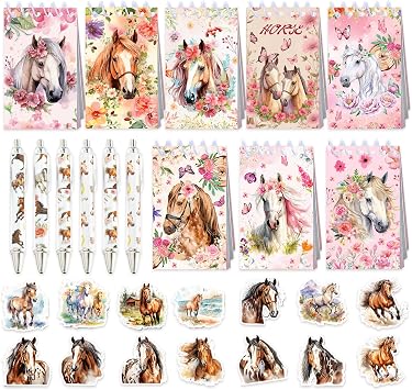 BACH AND BOUJEE Horse Floral Stationery Set with Pens Pocket Notebooks for Women Cowgirl Small Notepads DIY Craft Gift Flower Horse Racing Birthday Party Favors Gift School Classroom Supplies