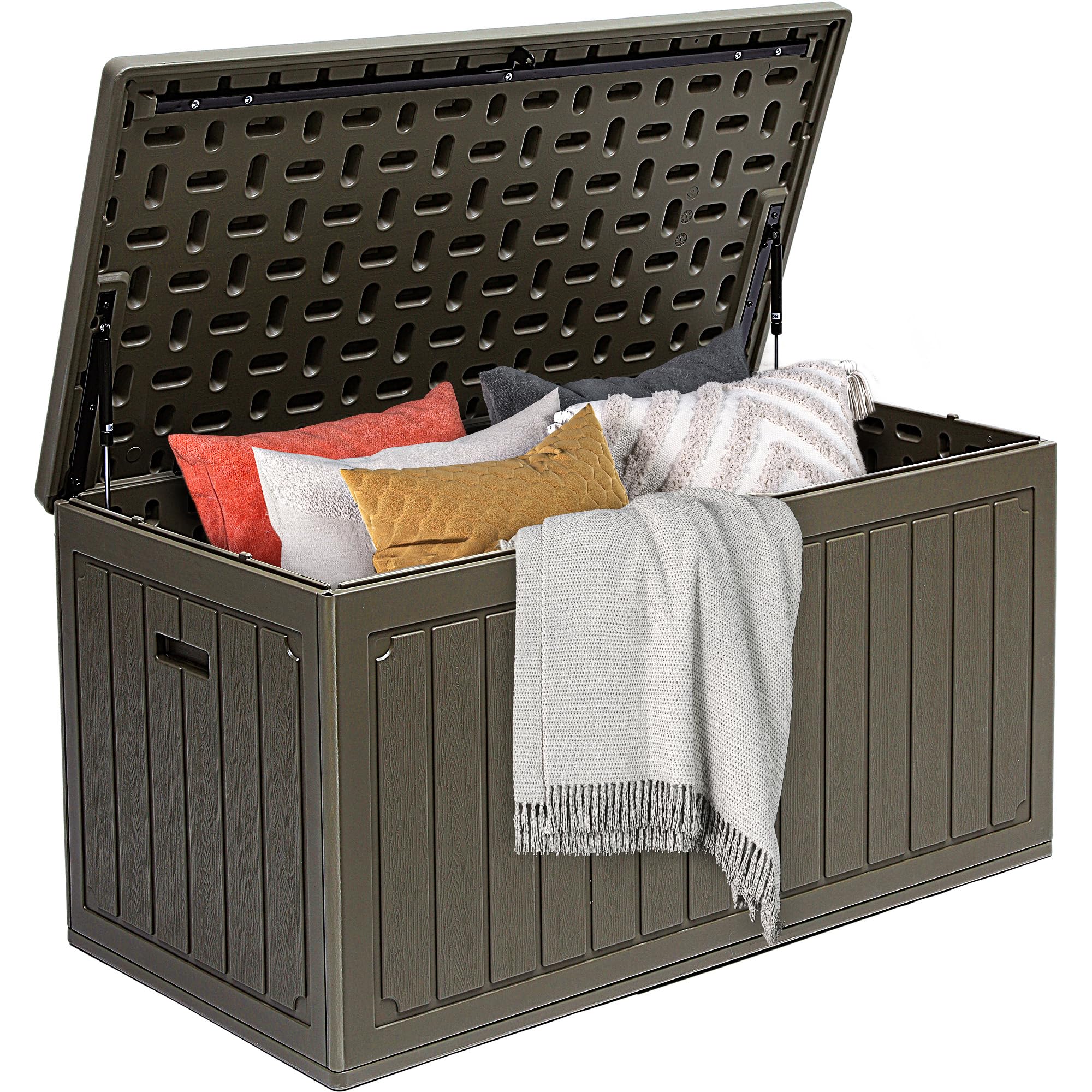 DWVO 340L Resin Outdoor Storage Box, Double-Wall Waterproof Deck Box with Wood Texture, Lockable Garden Storage that Doubles as Table or Bench (450 lbs Capacity)–Light Brown