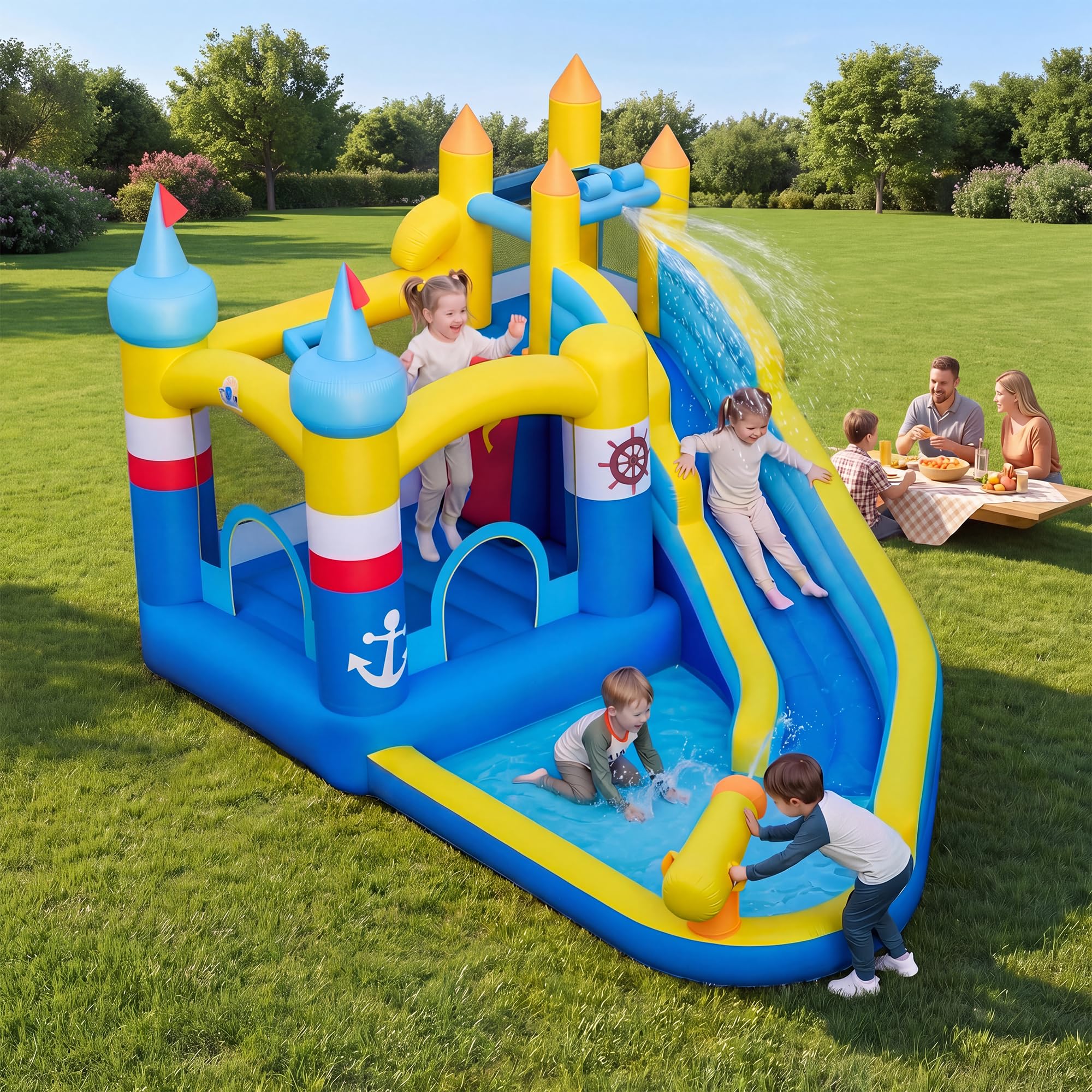 GIANTEX Castello Gonfiabile Capitano, Struttura Gonfiabile con Scivolo, Parete d’Arrampicata, Cannone ad Acqua, Cesto da Basket e Piscina di Palline, Adatto a Bambini da 3 a 12 Anni (Senza Soffiatore)