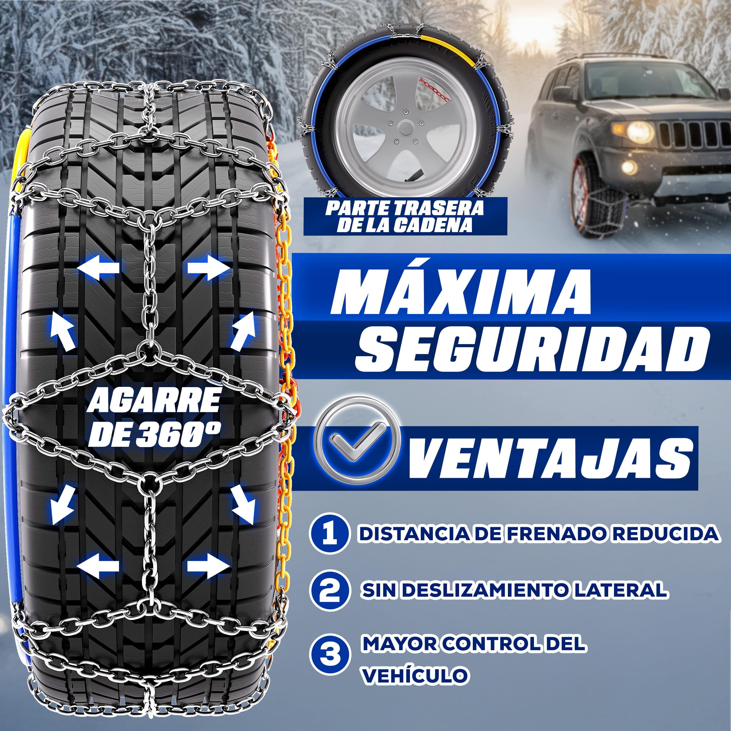 TRESKO 2x Cadenas de nieve para coche, incluye guantes y caja de almacenamiento, cadenas de neumáticos de metal para coches, cadenas de nieve EN 16662-1 & ÖNORM V5117 | Montaje rápido | para delantero