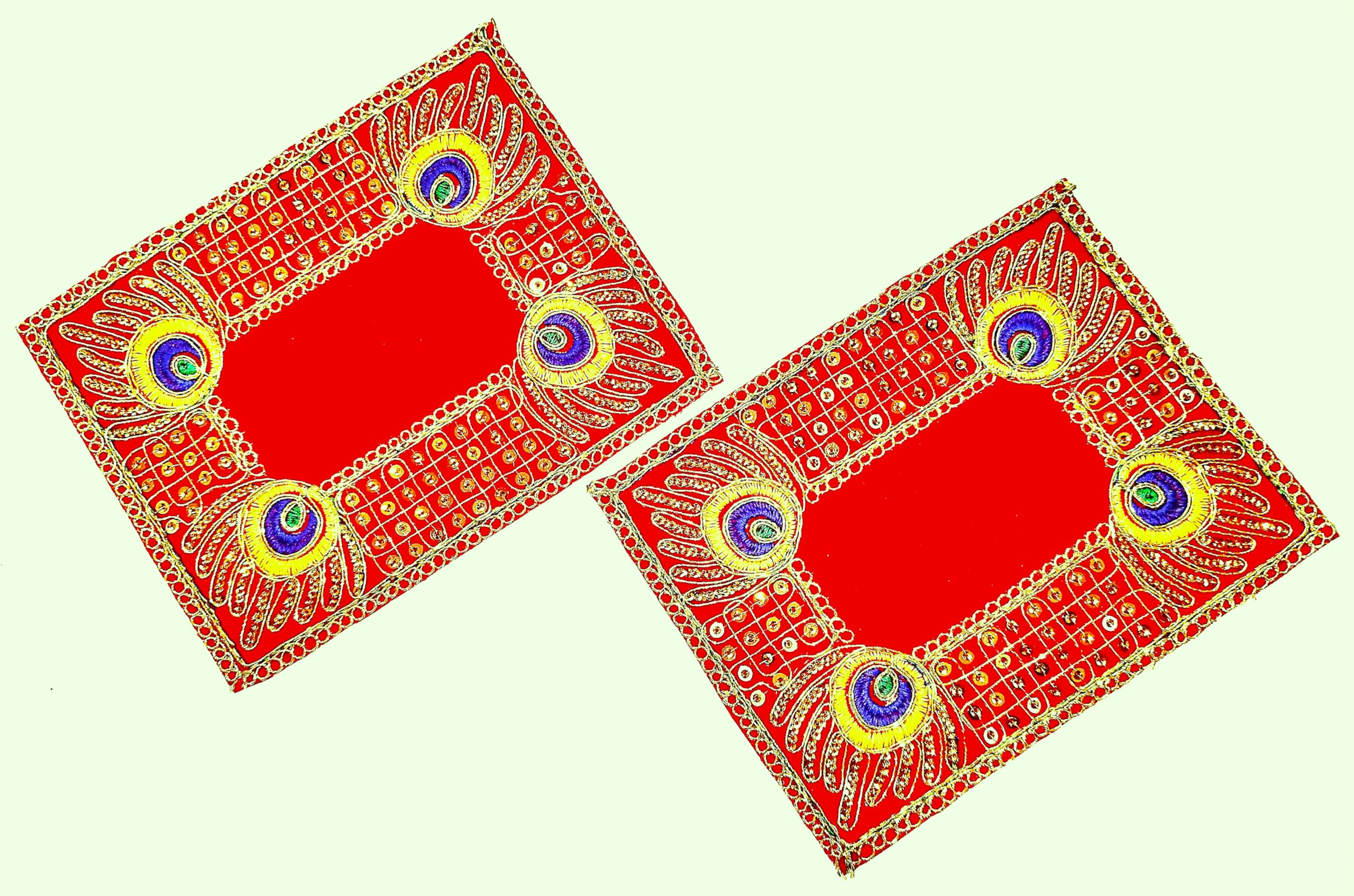 Velvet Cloth Pooja Chowki Aasan for God Idols Puja Asan for Ladoo Gopal Ganesha GaneshJI Idols - ONE Altar Cloth - 7.5 X 6 INCHES - MOR PANKH Embroidered- Small 1 Pair-image-40