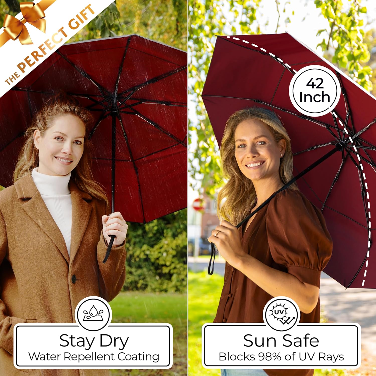 TUMELLA Strongest Windproof Travel Umbrella (Compact, Superior & Beautiful), Small, Wind-Tested, Light & Portable, Automatic Folding Rain Umbrella, Durable Premium Grip, Fits Car and Backpack