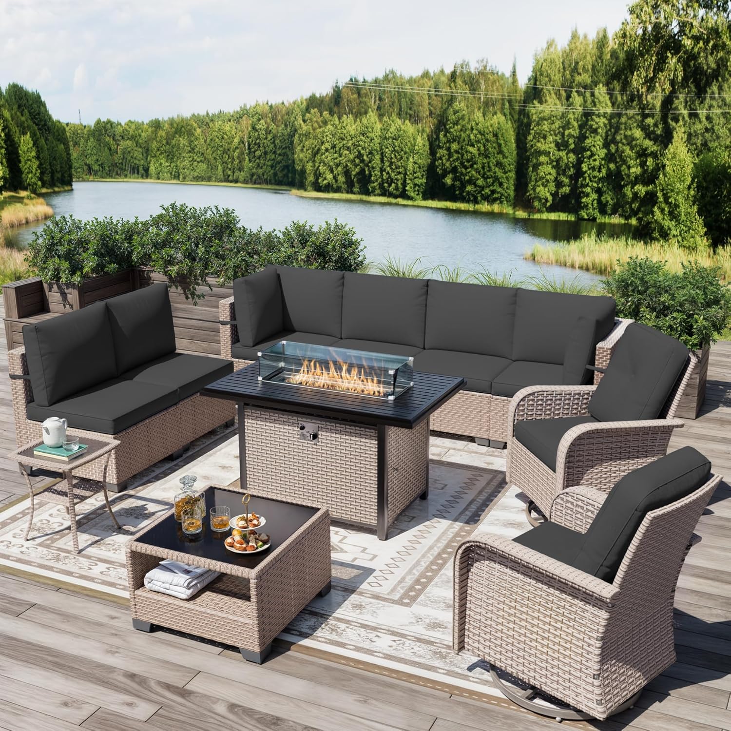 11 Pieces Patio Furniture Set with Fire Pit Table, Outdoor Sectional Wicker Sofa with Thick Cushions, High Back Swivel Rocker Patio Chairs, Rattan Conversation Set with Coffee Table, Black