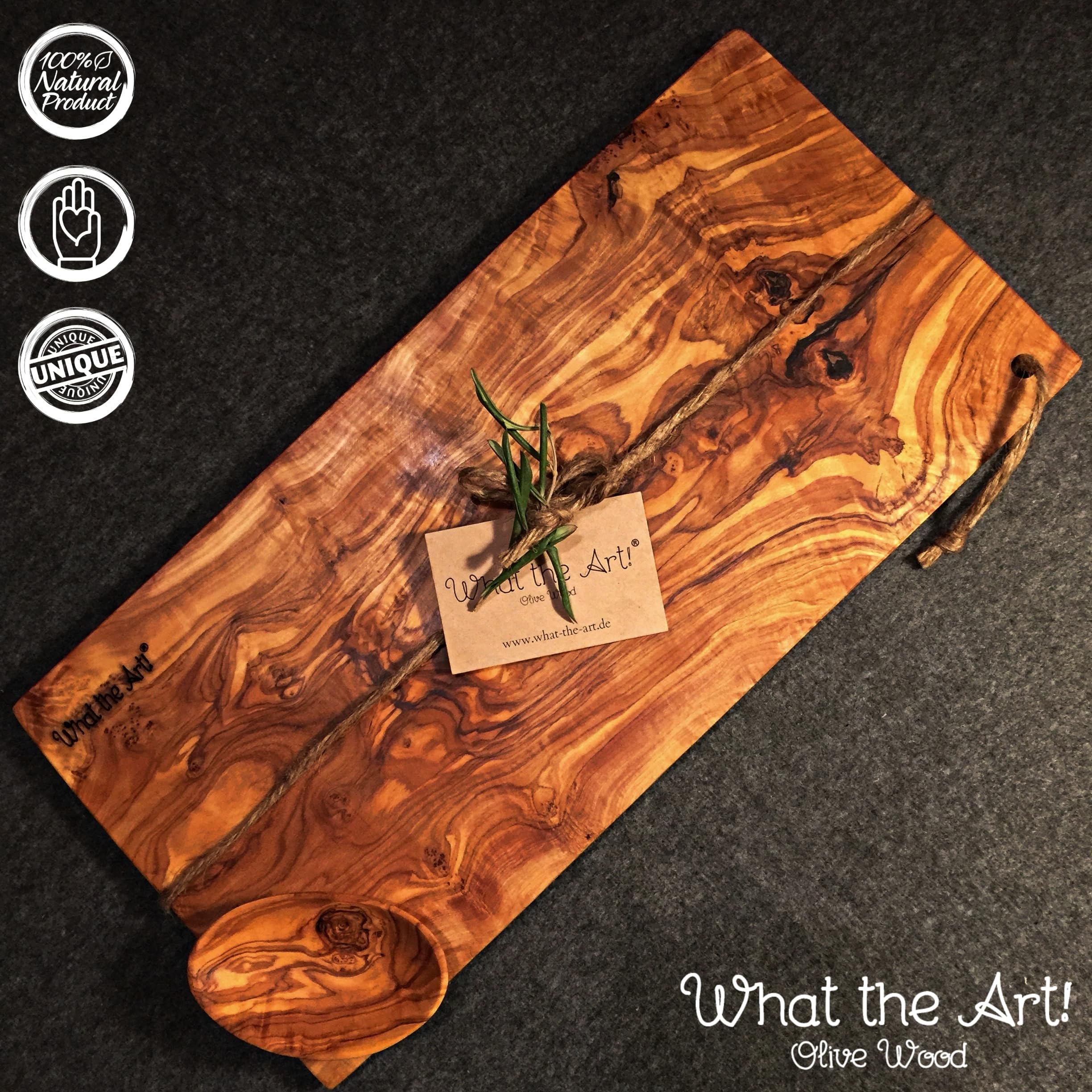 What the Art!® Olive Wood «Karo» L | Tagliere in legno d'ulivo + ciotola per salse + regalo | 35 x 16 x 2 cm