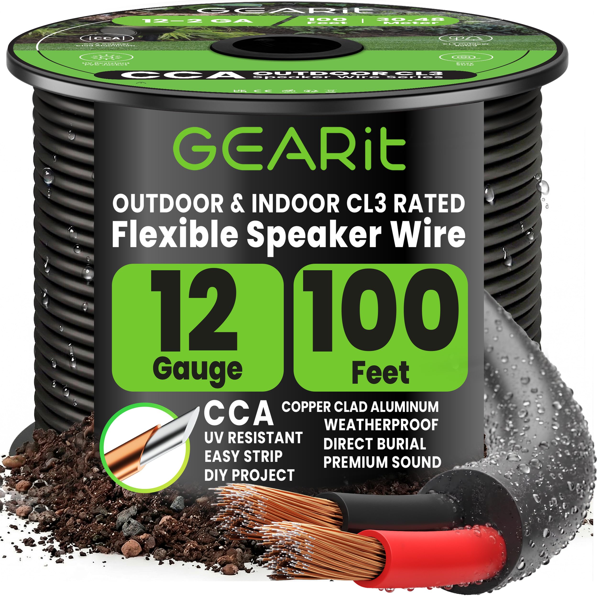 GearIT Cavo per altoparlanti 12/2 (30 metri), calibro 12 (alluminio rivestito di rame), sepoltura diretta per esterni nel terreno/a parete/CL3 CL2 nominale/2 conduttori – CCA, nero, 30,5 m