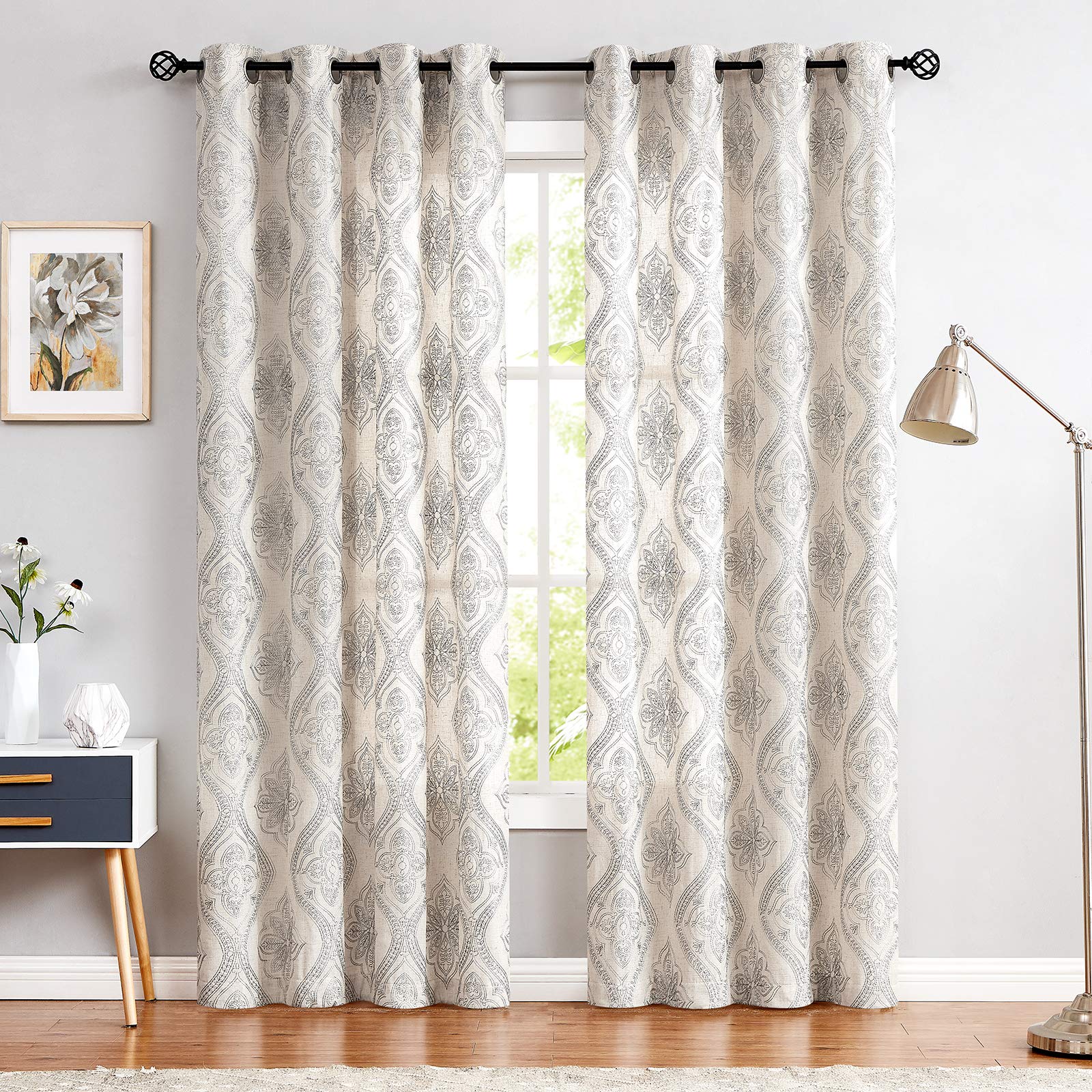 Boho Linen Curtains for Living Room Embroidered Design Window Curtains Light Filtering Flax Linen Blend Window Treatments Set for Bedroom Grommet Top 2 Panels 84 Inch Length Grey on Ecru