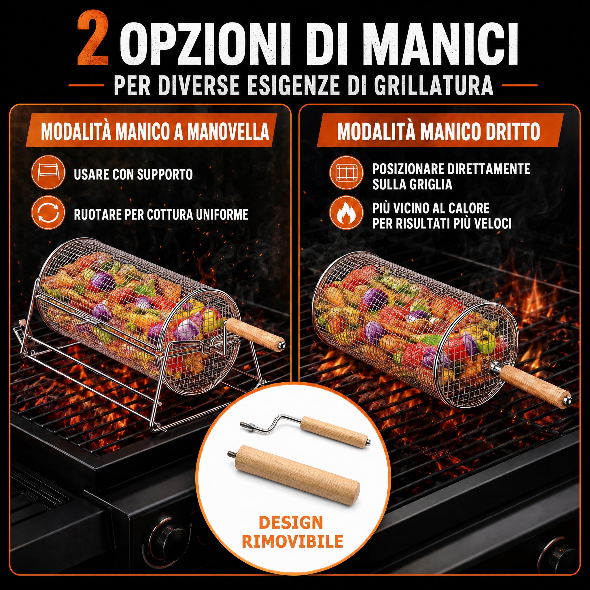 2-in-1 Cestello Barbecue Rotolabile Rotante, Acciaio Inossidabile 304 con Doppi Manici Rimovibili, Accessori per Verdure Gamberetti, Idea Regalo Uomo Papà Marito Compleanno Papà Marito Compleanno