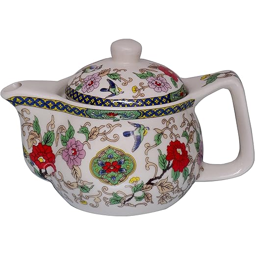 Purpledip Ceramic Kettle 'Morning Grace': Small 350 ml Tea Coffee Pot, Steel Strainer Included (10730)