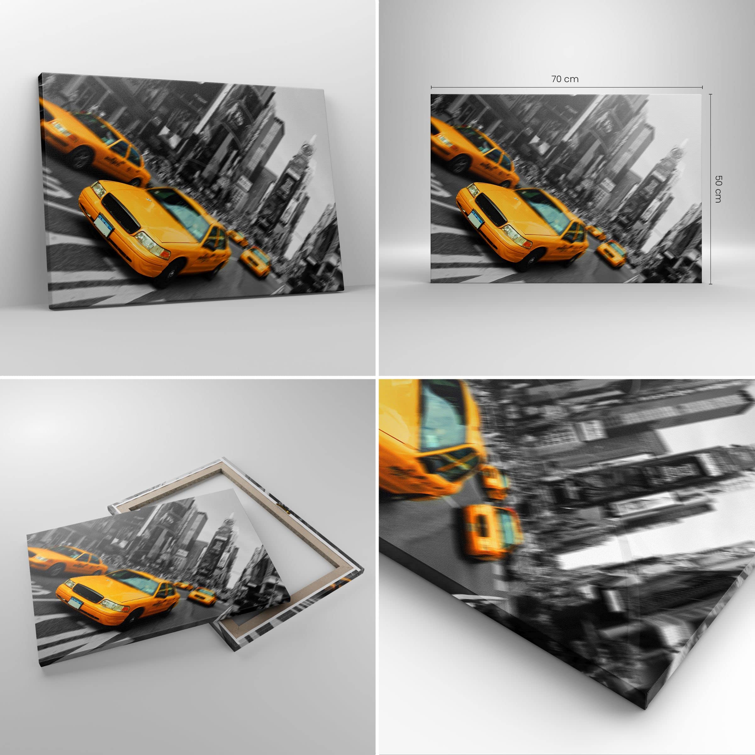 Cuadro sobre Lienzo 70x50cm Horizontal Arquitectura Blanco y Negro - 2178 | América Taxi Ciudad Cuadro Decorativo Arte mural Decoración del Hogar Salón Dormitorio Cocina Oficina Cuadros de Pared Estilo