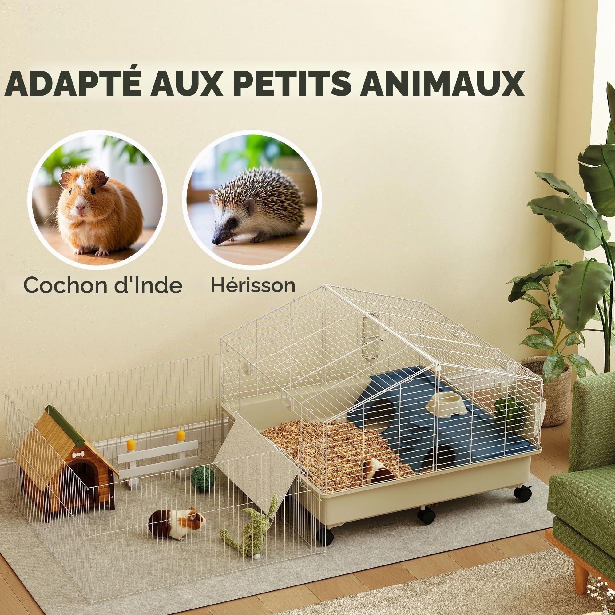 PawHut Cage Petits Animaux avec Parc et Roues, Blanc | Cage petits animaux avec bouteille d'eau, distributeur foin, gamelle, rampe, cage rongeurs, pour cobayes et hérissons