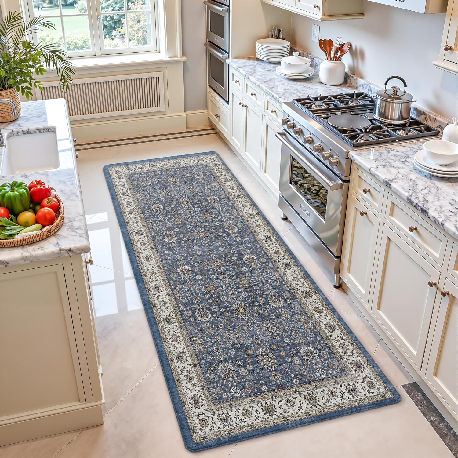 color&geometry anti fatigue kitchen mats for floor 24x59, vintage decor, easy clean, waterproof & oil proof, 0.4" thick cushioned, non-slip kitchen runner rug for sink, laundry, office, blue 59"l x 24"w x 0.4"th vintage-blue