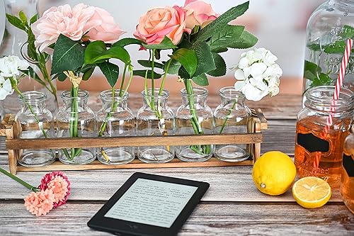 Miniatura 8 de Hermoso jarrón de flores de vidrio con soporte de madera para plantas y 6 jarrones botellas de vidrio decorativas para decoración del hogar centro