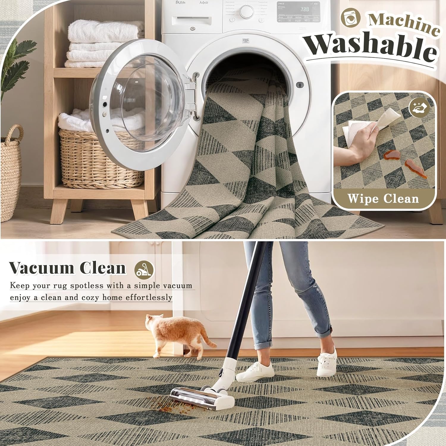 Easy Jute Rug 6x9 Checkered Rugs: Washable Woven Area Rug Non Slip Non Shedding Indoor Outdoor Carpet for Living Room Bedroom Dining Room Farmhouse Patio (6'x9' Black Diamond)