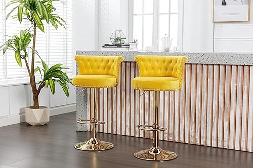 Miniatura 5 de Taburetes de bar giratorios modernos, taburetes de bar ajustables de altura de mostrador dorados con respaldo, sillas de bar tapizadas de terciopelo