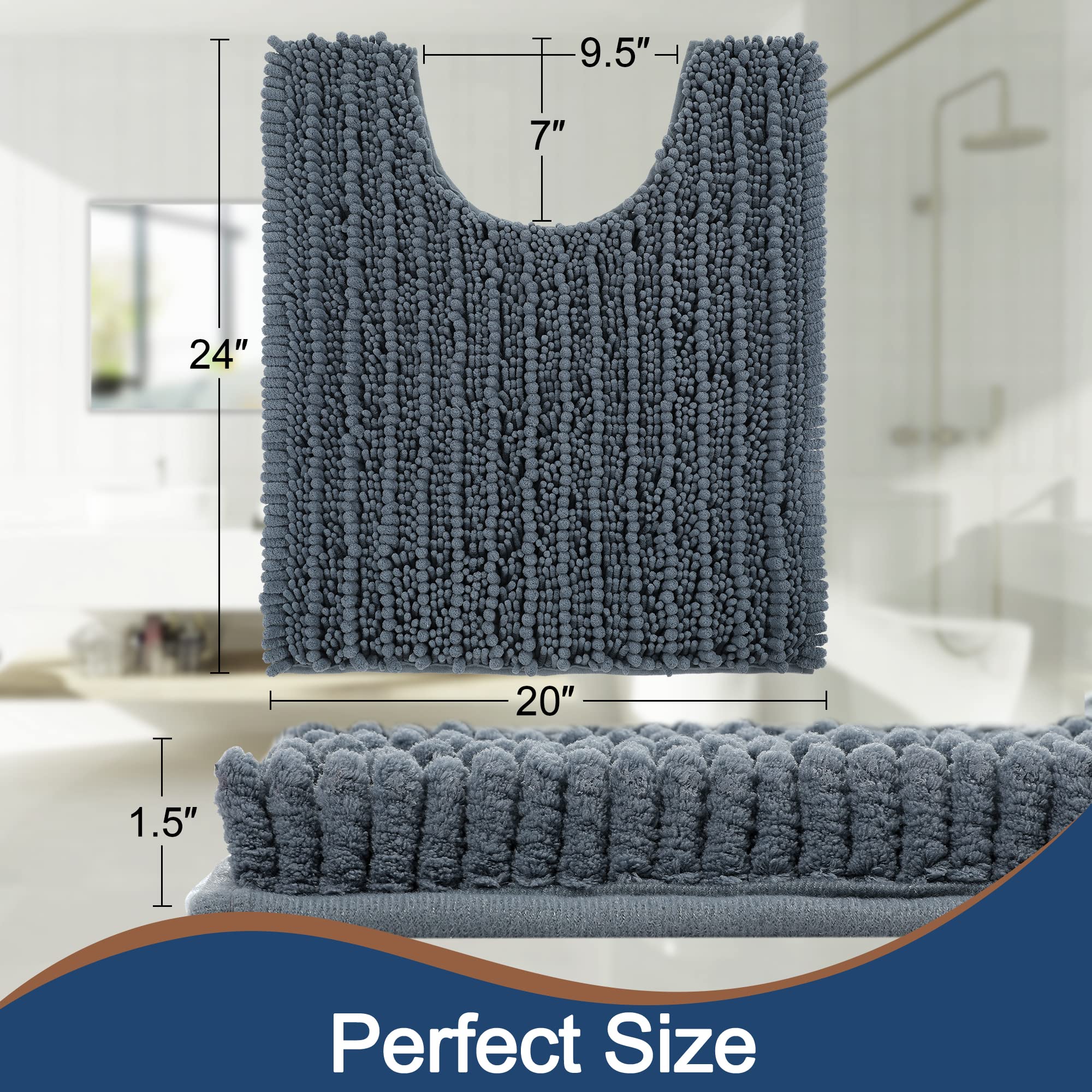 FLOLEOPA Tapis de salle de bain à poils longs antidérapant en forme de U (61 x 50,8 cm, bleu poussière) pour salle de bain en microfibre douce absorbante - Lavable en machine