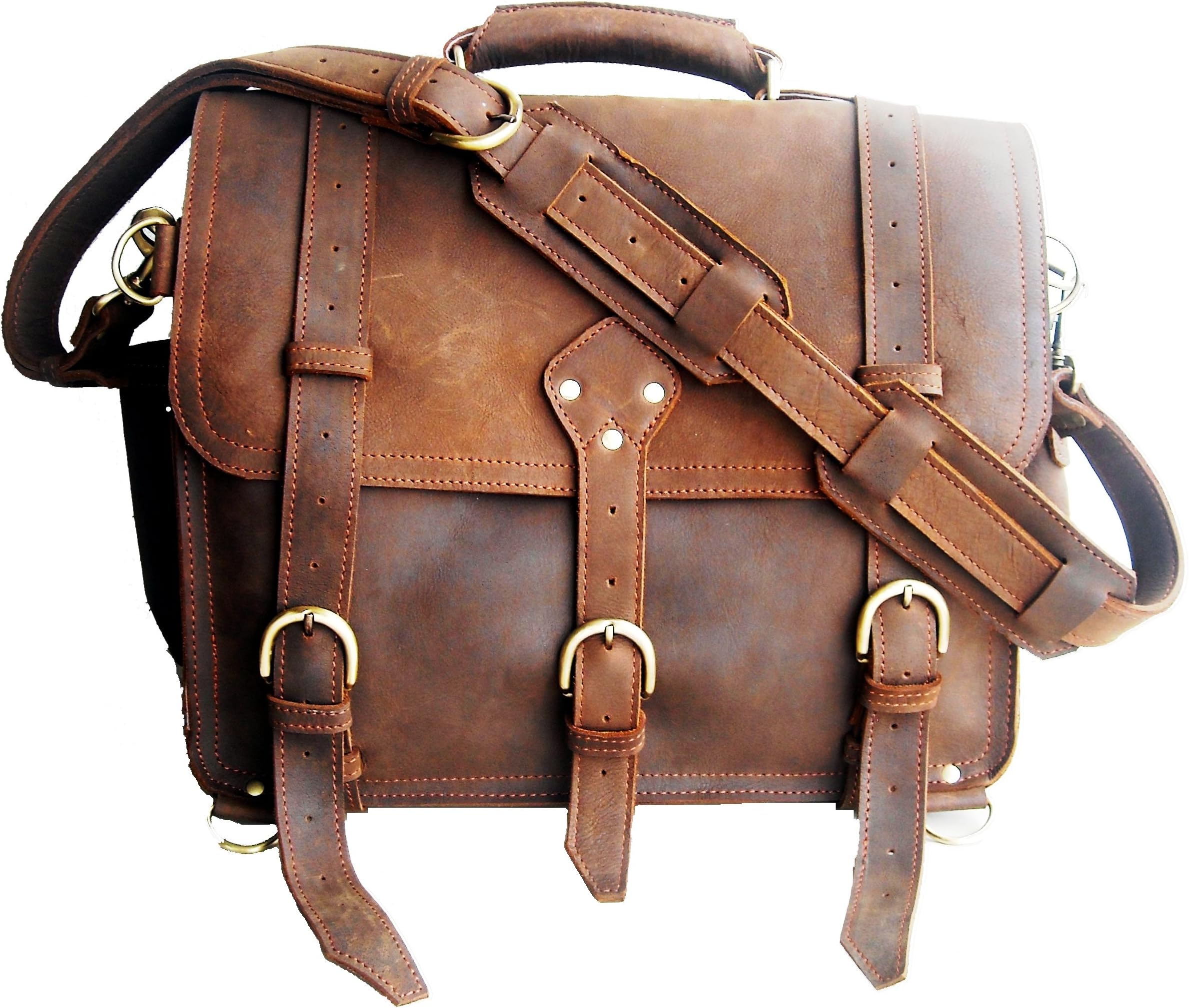 Leather Luxury 16" Handmade Light Brown Rugged Buffalo Leather Briefcase, Messenger Bag, Satchel, Backpack