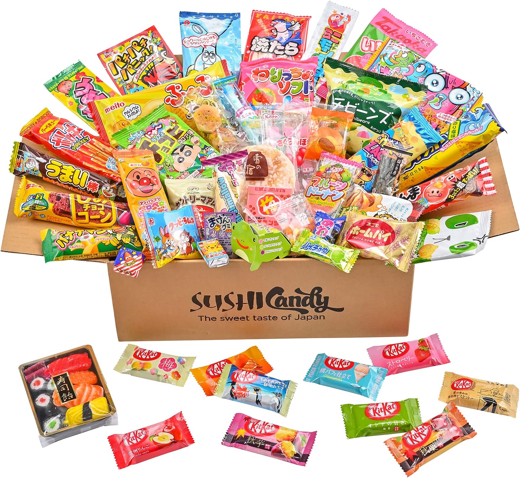 60 Japanese Candy & Snack Sushi Candy box set 10 Amezaiku 10 Japanese chocolate assortment and 40 other popular sweets