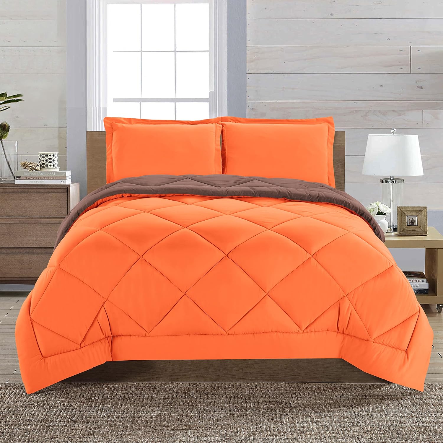 Elegant Comfort Reversible Comforter Set All Season, Ultra Soft, Down Alternative Comforter, Orange/Brown, Full/Queen, 3-Piece