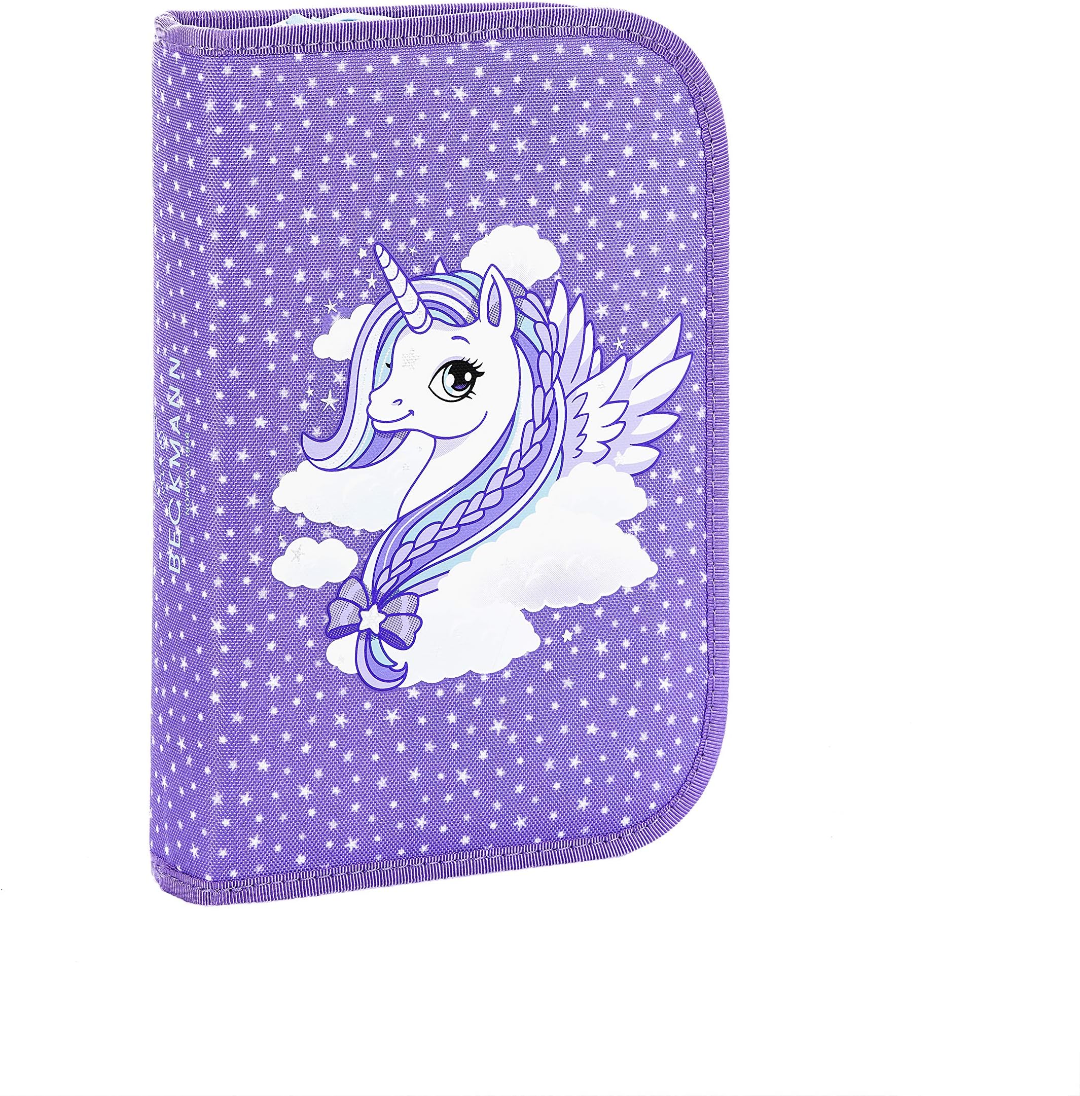 Single pencil case with content Purple unicorn
