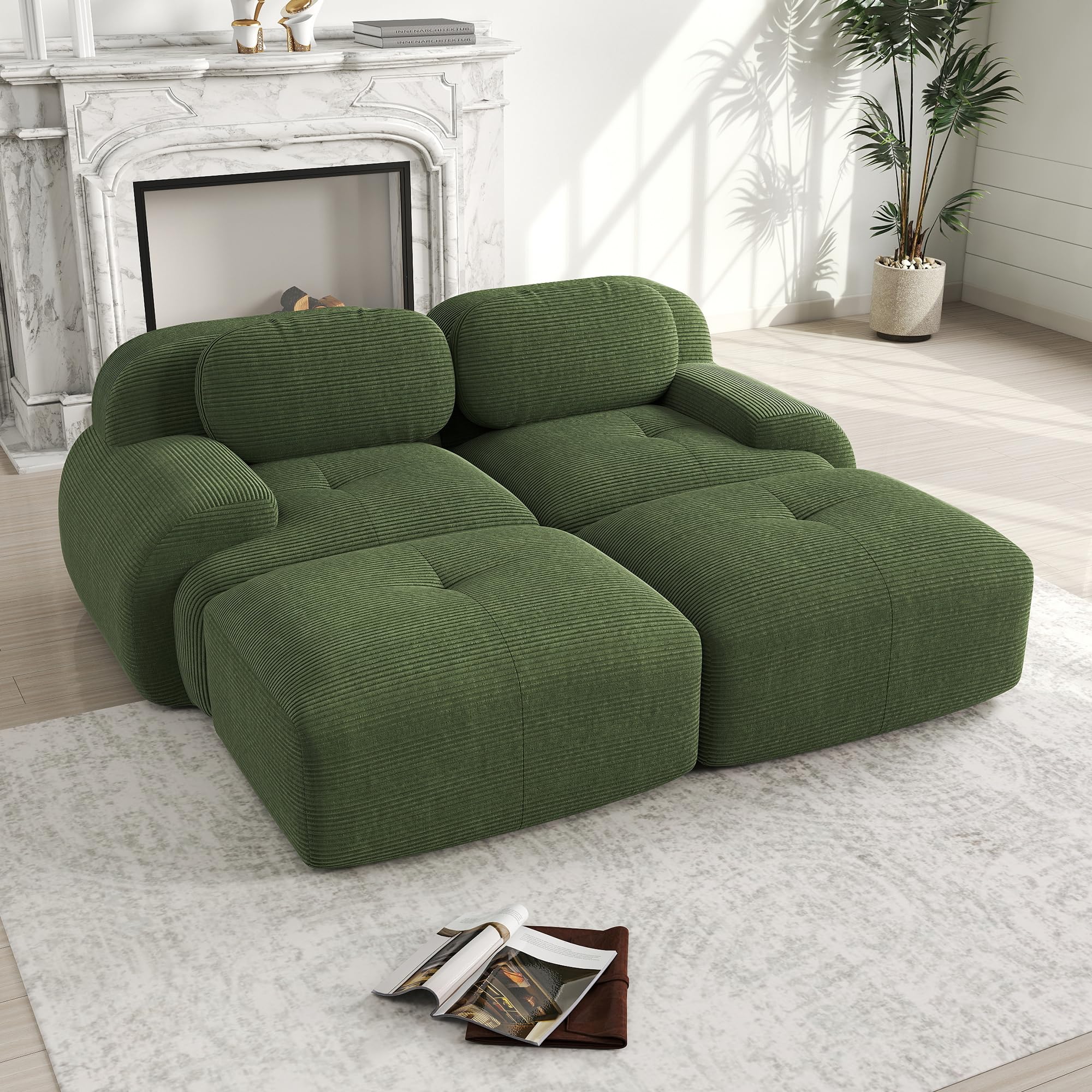 Divano a 2 Posti in Velluto a Coste, Senza ossa, Componibile Modulare Sofà con Chaise Longue, Braccioli Curvati, Imbottitura in Schiuma Altamente Elastica per Soggiorno e Camera da letto,Verde