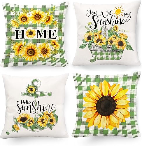 Miniatura 8 de pinata Juego de 4 fundas de almohada decorativas de girasol, color amarillo y negro, a cuadros, de 16 x 16 pulgadas, juego de 4 fundas de lino para