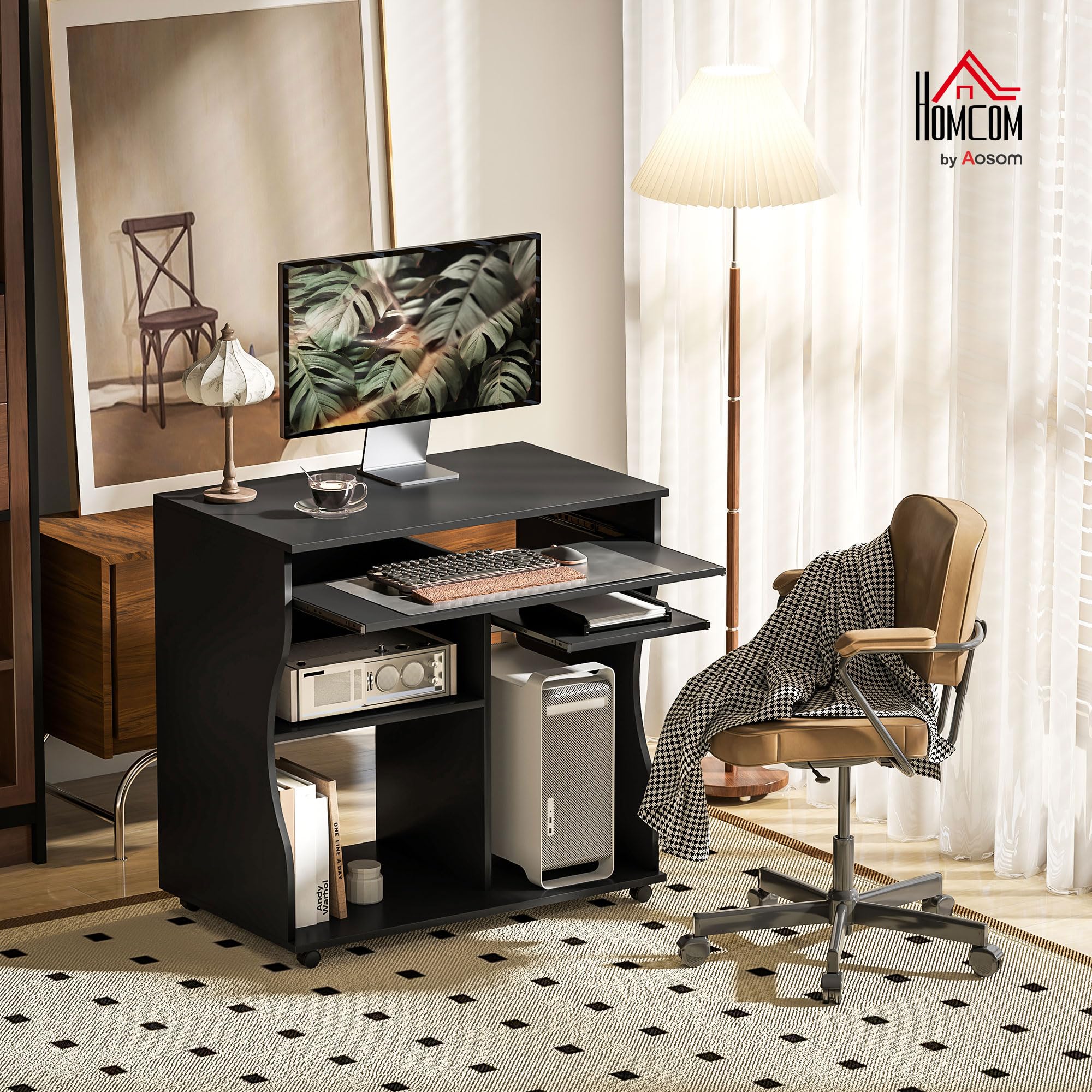 HOMCOM Computertisch Schreibtisch mit Rollen Bürotisch mit Tastaturablage, Ablage, PC Tisch Schwarz 80 x 48 x 75 cm