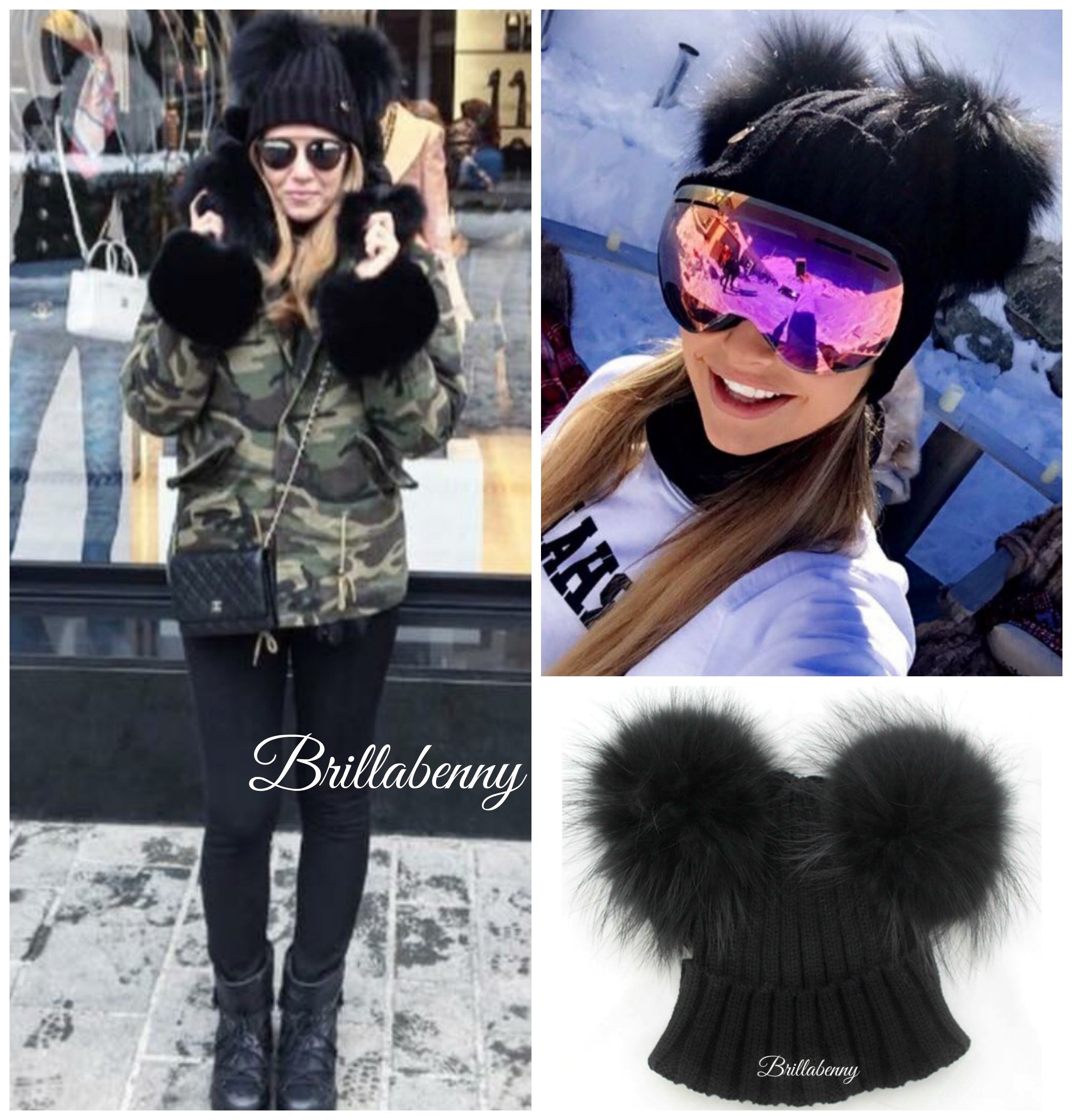 Cappello Pelliccia Vera Doppio PON PON Nero Ragazza Donna Cuffia Berretto Hat Fur Luxury Neve Sci Inverno Regalo Natale