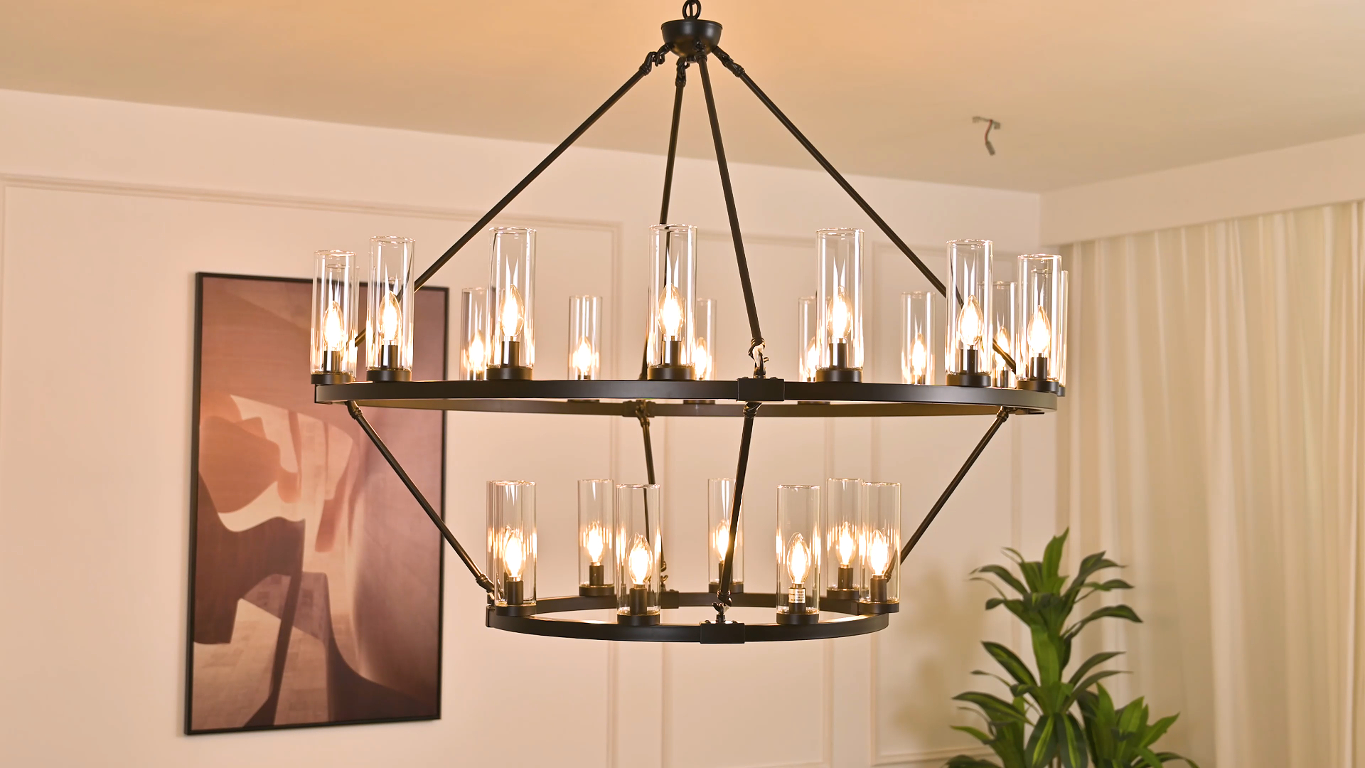 Image of 48 Inch Large Black Wagon Wheel Chandelier with Clear Glass Shade 2 Tier 24-Lights Round Pendant Light Farmhouse Industrial Chandeliers Dining Room Light Fixture for Stair Living Room Foyer