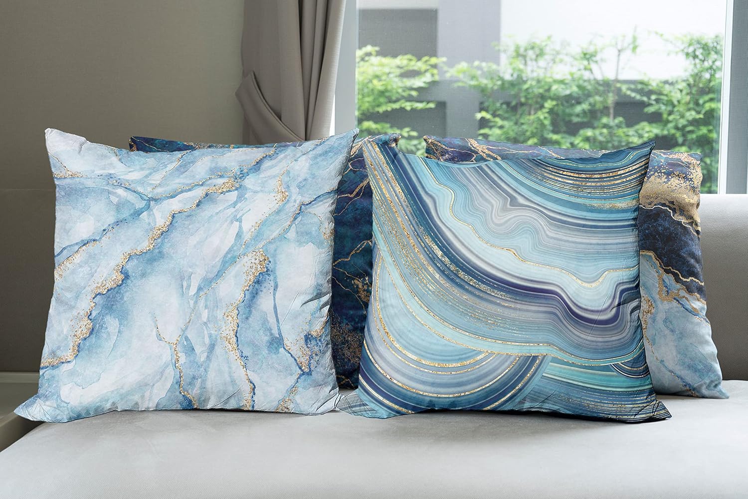 Ambesonne Marble Print Throw Pillow Cushion Case Pack of 4, Modern Themed Pastel Stone Stain Look Veins Marbling Aquatic Tones, Modern Accent Double-Sided Digital Printing, 18", Pale Blue Indigo