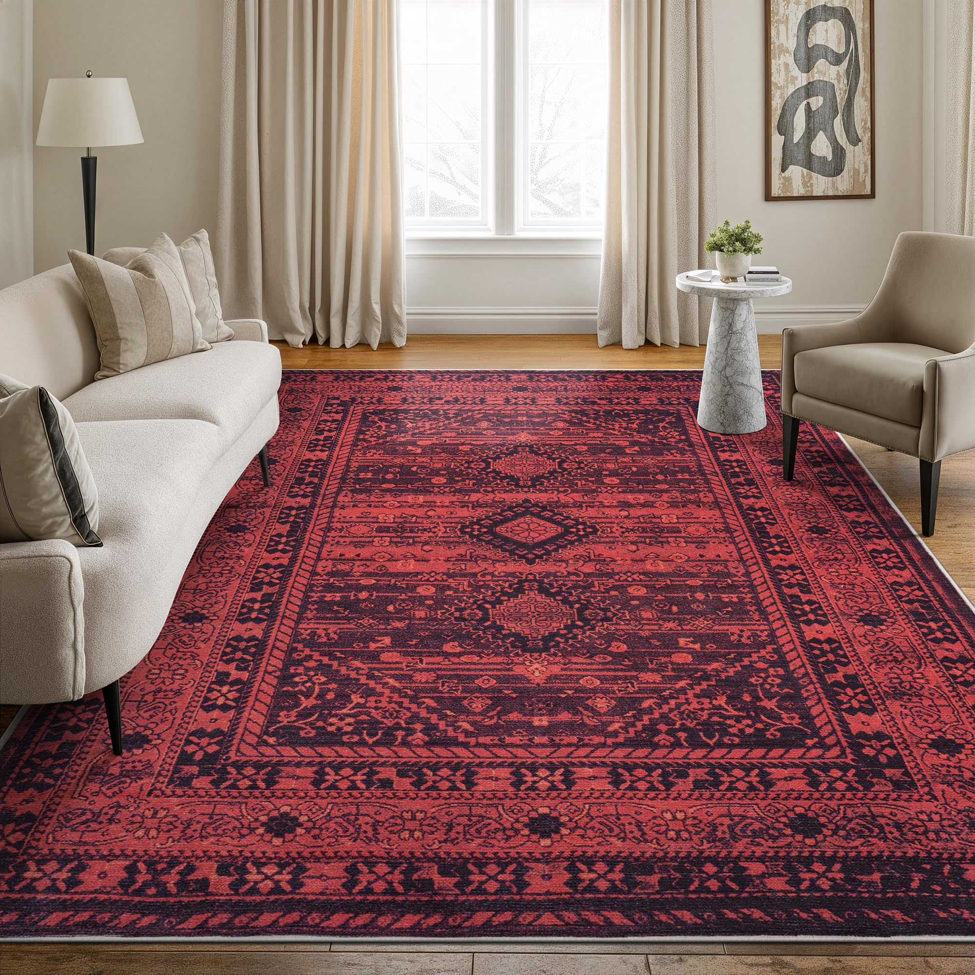 Bloom Rugs Washable Non-Slip 9' x 12' Rug - Red Traditional Bordered Area Rug for Living Room, Bedroom, Dining Room, and Kitchen - Exact Size: 9' x 12