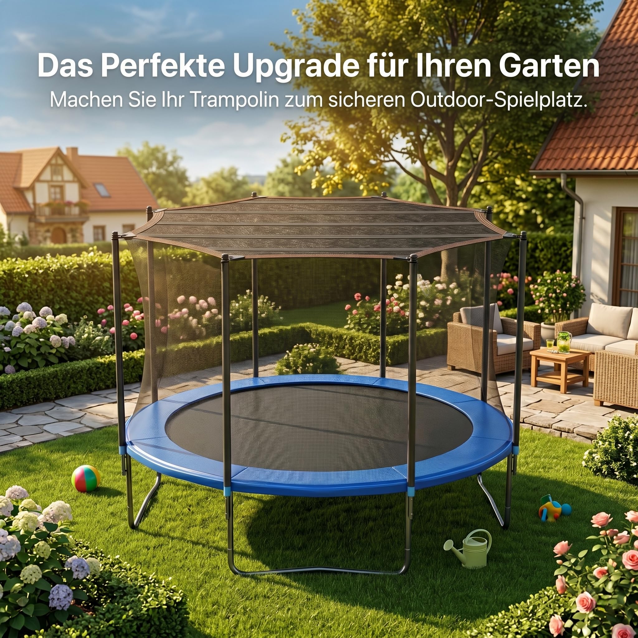 Trampolin Sonnenschutz 305 cm (10 ft) für 8 Stangen | 85g/m², Atmungsaktives Sonnensegel, Verstärkte Gurtbänder, Anti-Durchhang Dach, Outdoor Garten