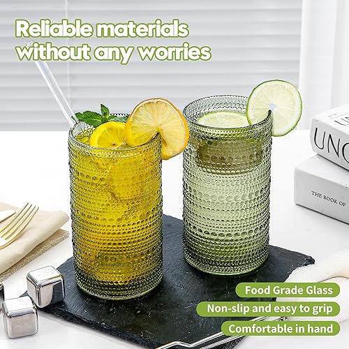 Miniatura 4 de Juego de 6 vasos de vidrio vintage para beber, 16 onzas, vaso de agua verde en relieve, para cóctel, jugo, whisky, leche y varias bebidas mezcladas