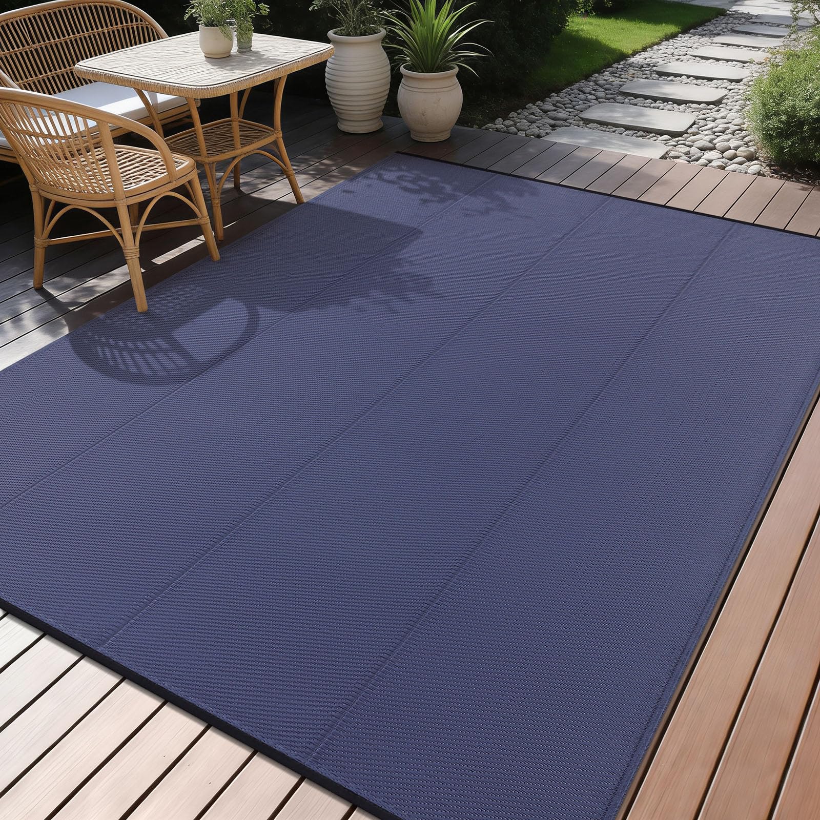smiry Waterproof Outdoor Rug for Patio, UV Resistant Anti-Slip Garden Rugs Lightweight Foldable Easy Clean Plastic Straw Carpet Mat for Camping, Deck, Beach, Backyard, 240 x 300 cm, Navy Blue