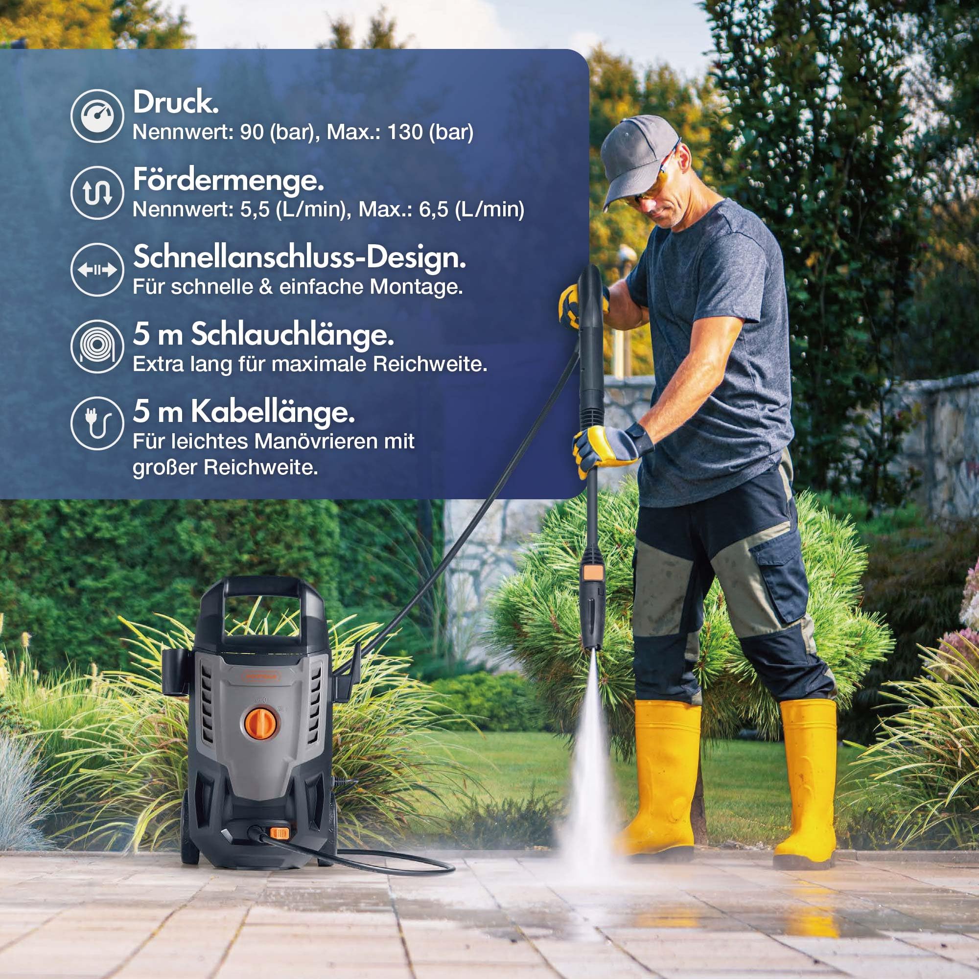 VonHaus Hochdruckreiniger 1600W inkl. 7 TLG Zubehör, Tragbar