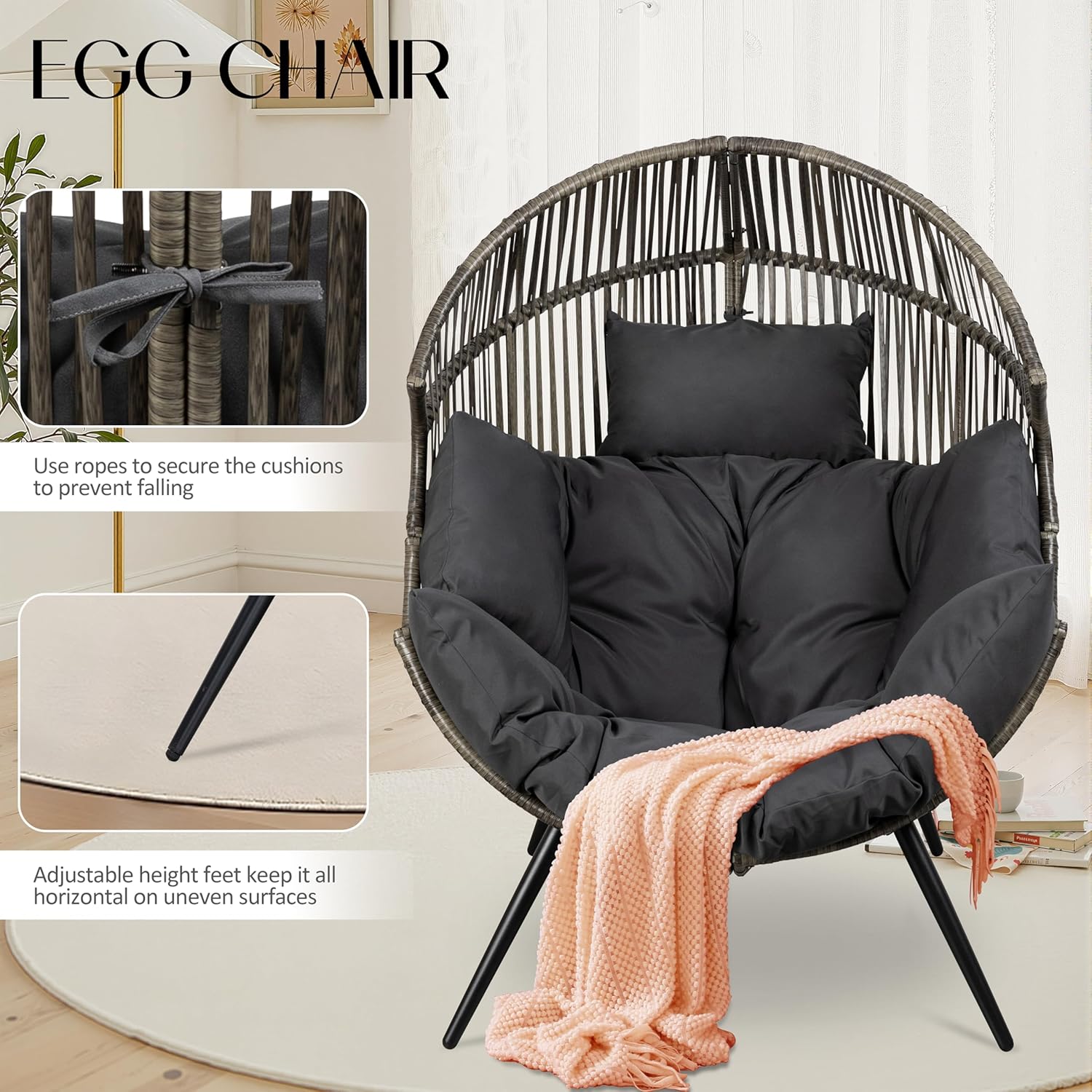 JAMFLY Wicker Egg Chair - Rattan Patio Chair with Cushion, Indoor-Outdoor Lounge Egg Basket Seat for Living Room, Bedroom, Patio, Backyard, Balcony (Grey)