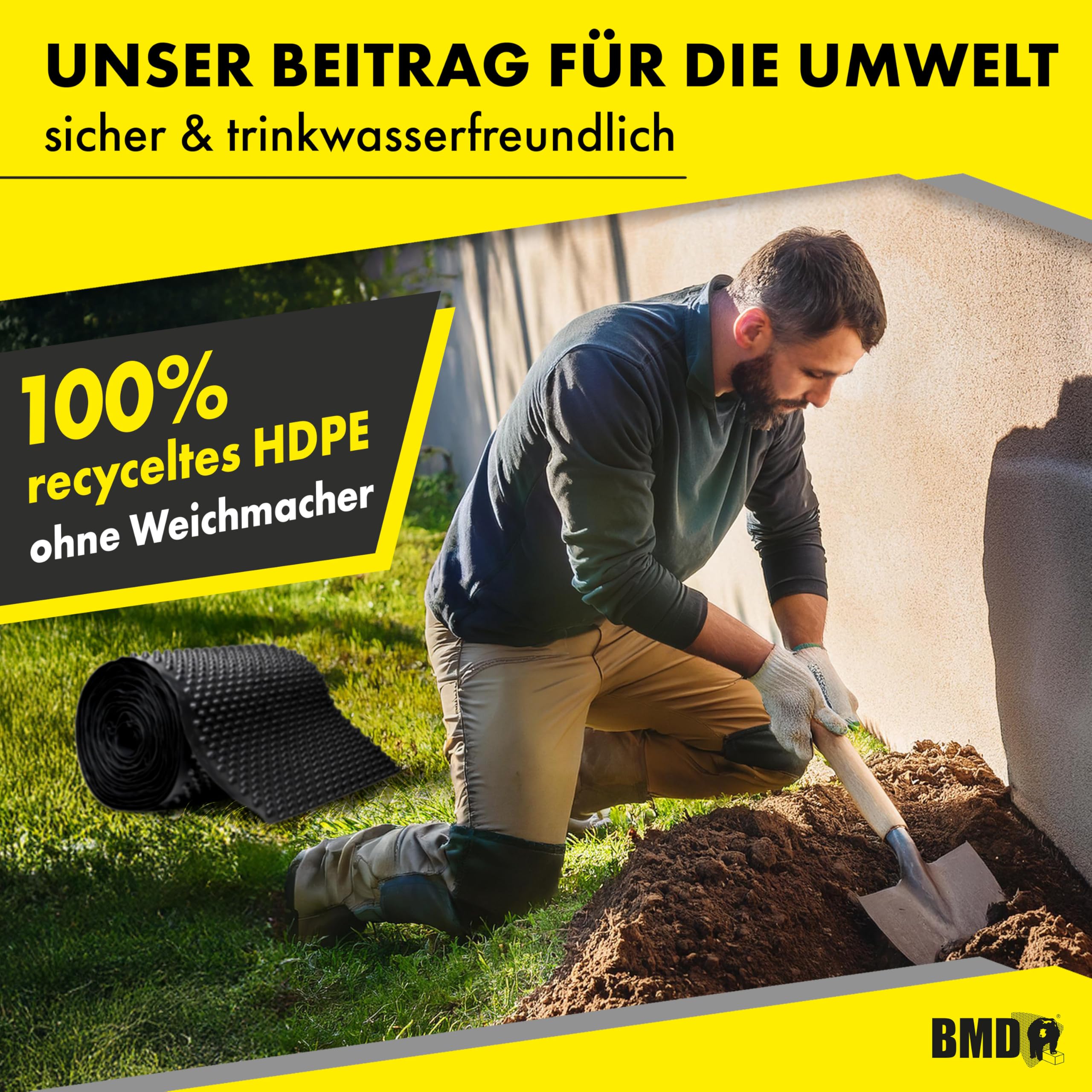 BMD Noppenbahn | 1m x 10m | Hochbeetfolie ohne Weichmacher | Noppenfolie für den Grundmauerschutz | 10m² | Drainage | CE-Siegel Qualität