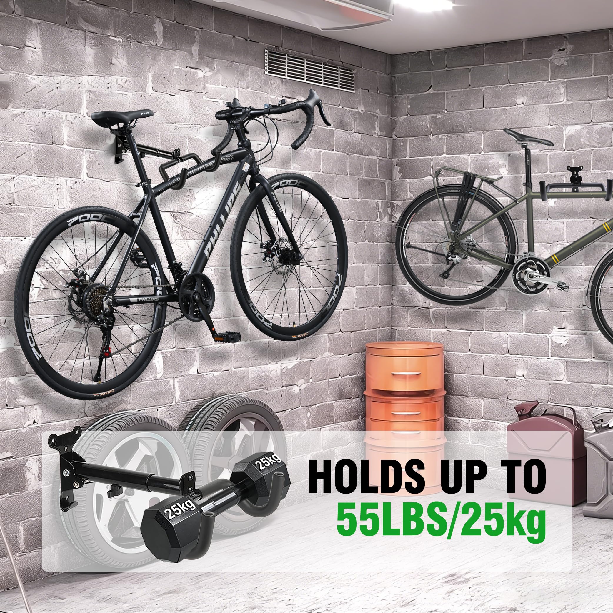 Fahrrad Wandhalterung, Fahrradhalterung Wand bis 25kg Tragfähigkeit, Winkel und Wandabstand Einstellbar, Fahrradaufhängung mit Extra Softe Polsterung für MTB, Rennrad, E Bike