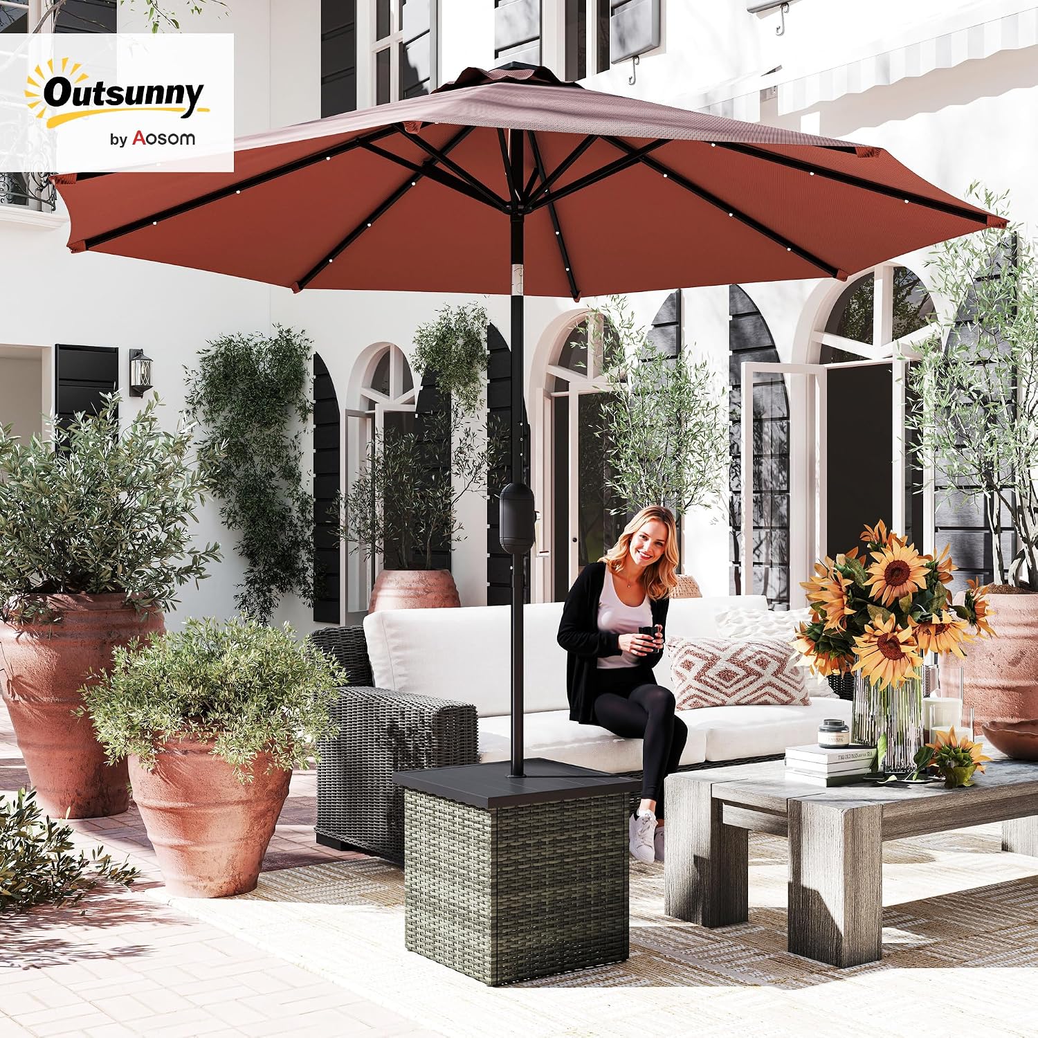 Outsunny All Weather Wicker Side Table with 1.5" Umbrella Hole, Square PE Rattan Outdoor End Table with Umbrella Base, UV-Resistant Frame, Storage Space for Patio, Garden, Poolside, Deck, Mixed-Gray