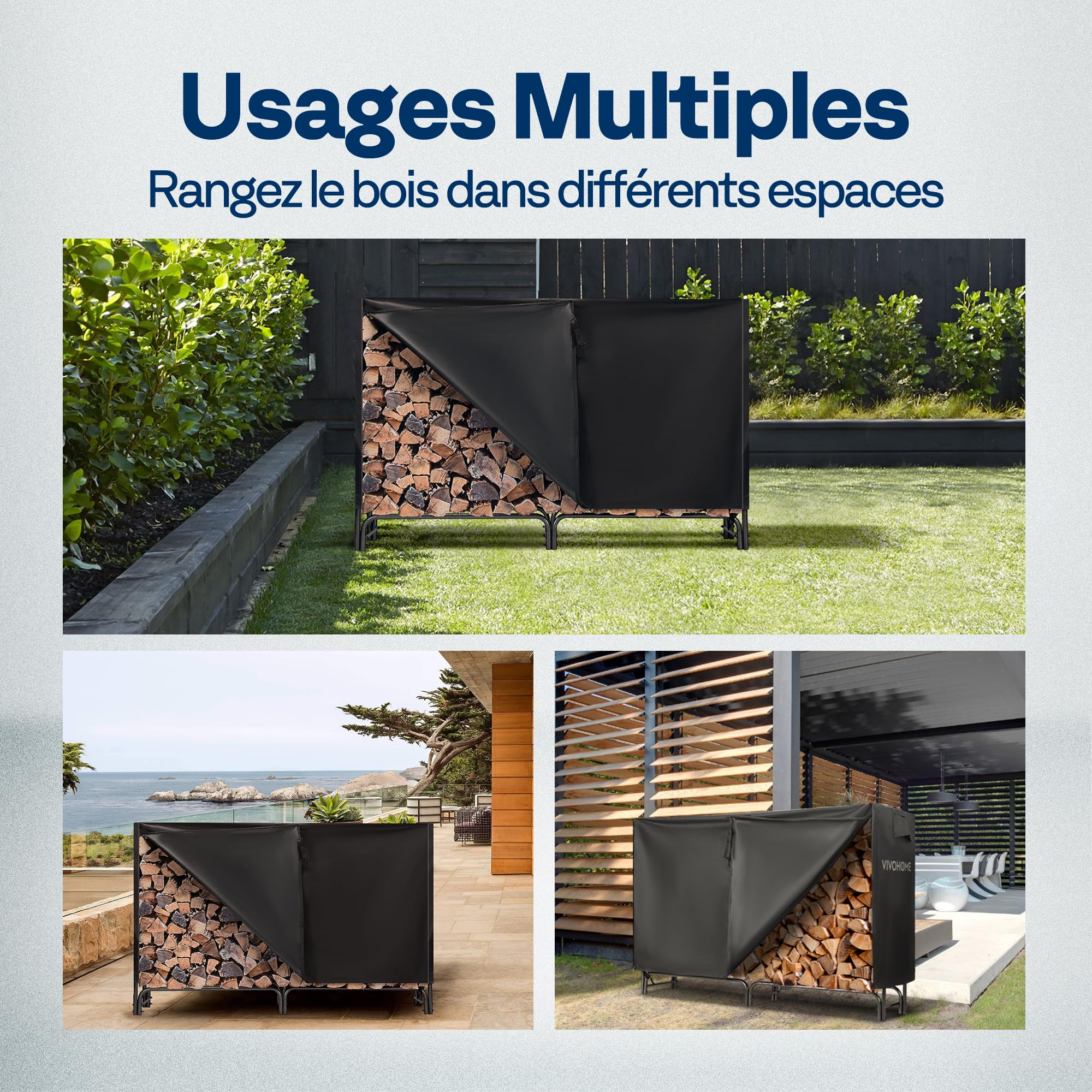 VIVOHOME Étagère pour Bois de Cheminée Housse Anthracite 183×123×35cm Support Bûches Chauffage Robuste Imperméable