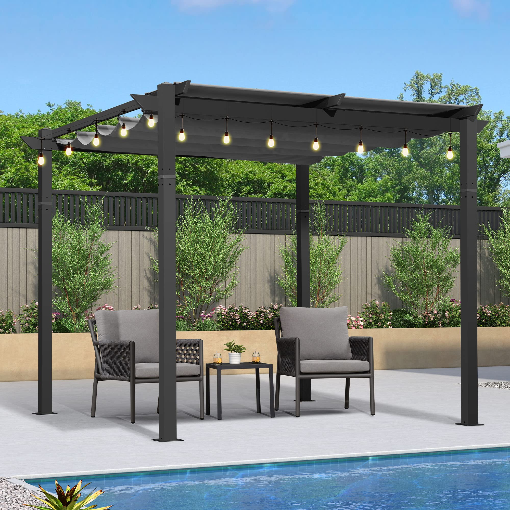 PURPLE LEAF10' x 10' Outdoor Retractable Pergola with Double Sun Shade Canopy Patio Aluminum Pergola Metal Shelter with String Lights for Backyard Deck Garden, Gray