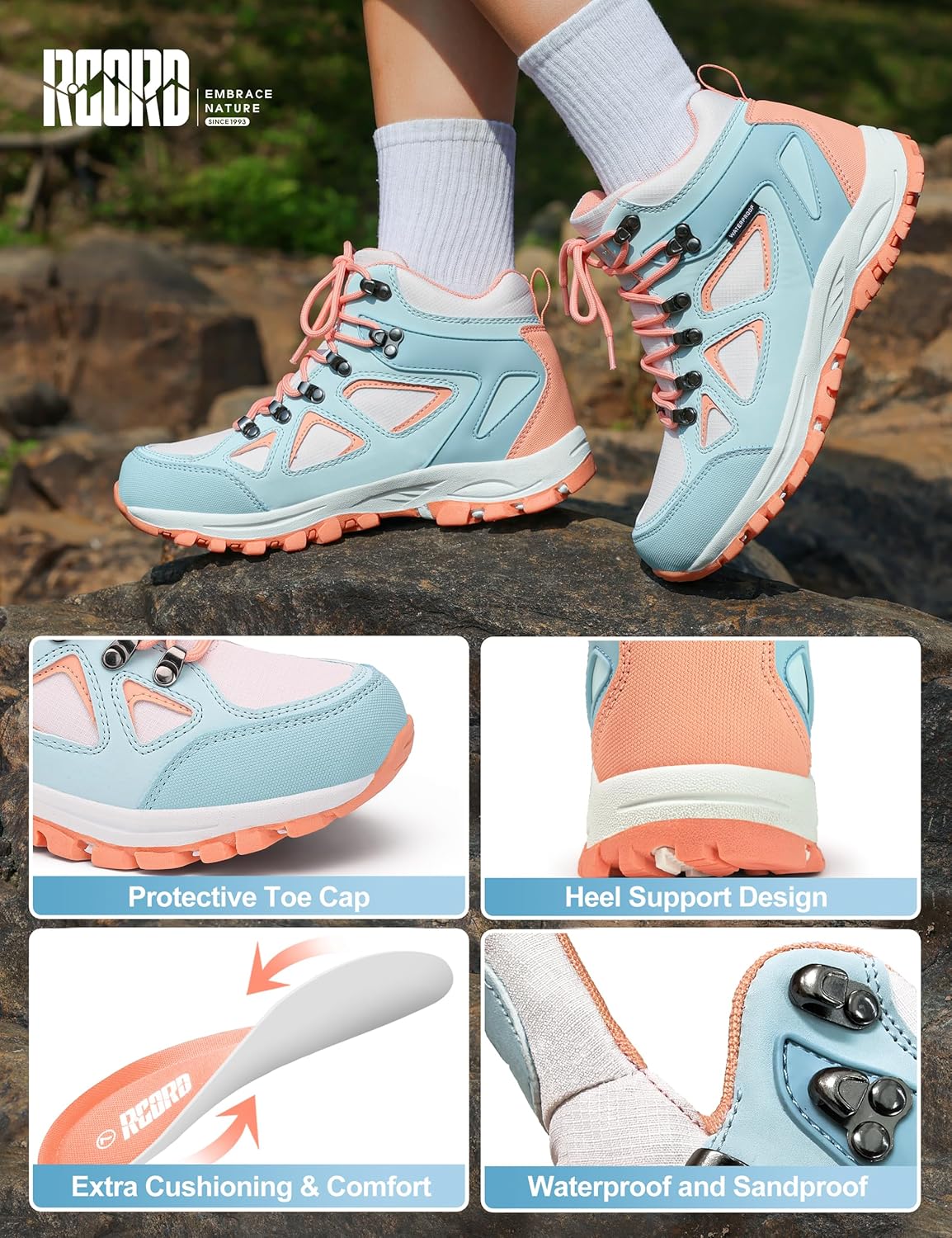 R CORD Kids Hiking Boots Waterproof Non-Slip for Outdoor Lace-Up Closure Girls Hiking Boots Durable TPR Traction Outsole Kids Hiking Shoes