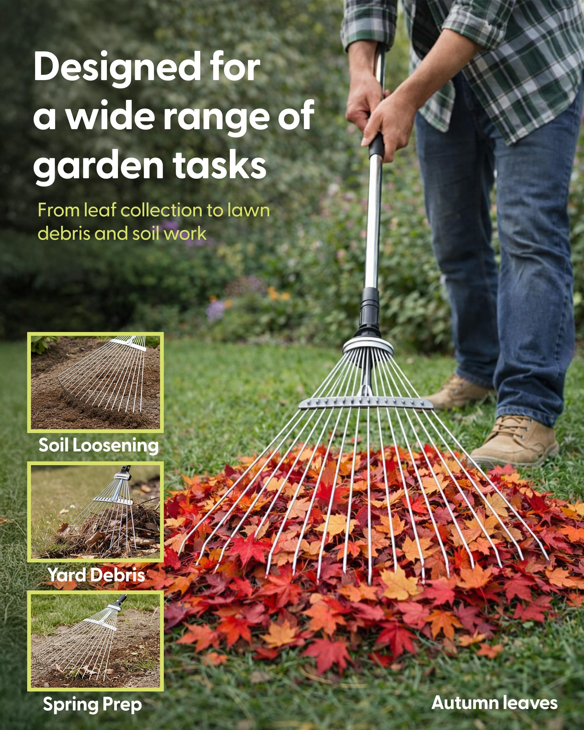Keplin Garden Rake with Telescopic Handle – 80 to160cm Adjustable Rake, 15 Tine Expanding Metal Rake for Leaves, Lawn, Yard & Soil Cleanup, Foldable Space-Saving Design, Versatile Garden Tool — view 3