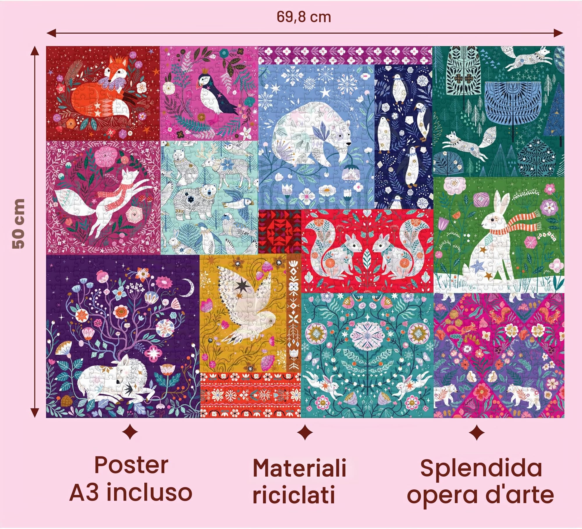 Elena Essex Puzzle di Natale - Patchwork Invernale, 1000 pezzi puzzle per adulti, puzzle per adulti 1000, Puzzle Invernale di Animali e Uccelli, Dimensione 70x50cm