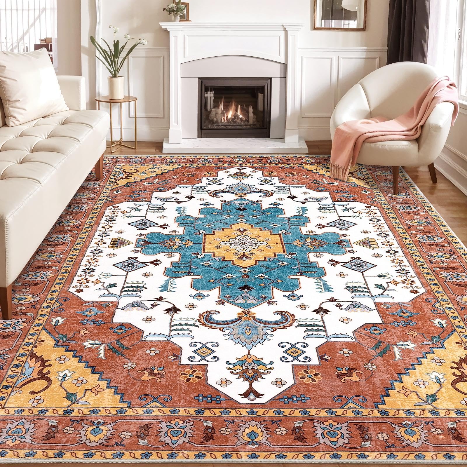 SERISSA Boho 8x10 Area Rugs Orange, Washable Vintage Large Living Room Rug Non-Slip, Ultra Soft Oriental Print Distressed Farmhouse Carpet for Dining