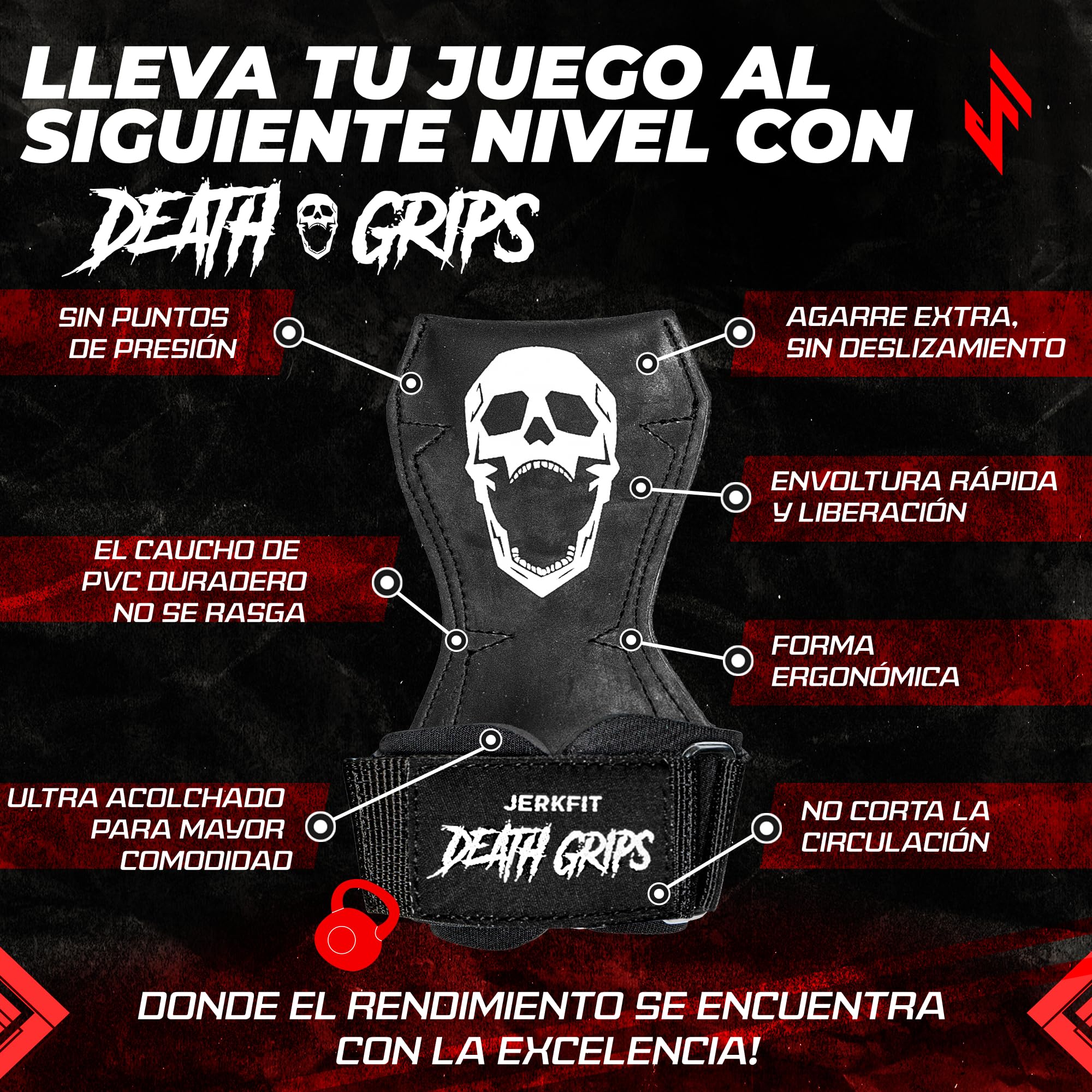 JerkFit Death Grips – Correas de Levantamiento Premium de PVC Goma Grado Neumático para Shrugs & Pull-Ups – Correas con Relleno Neopreno para Protección de Palmas – Correas Resistentes para Gym