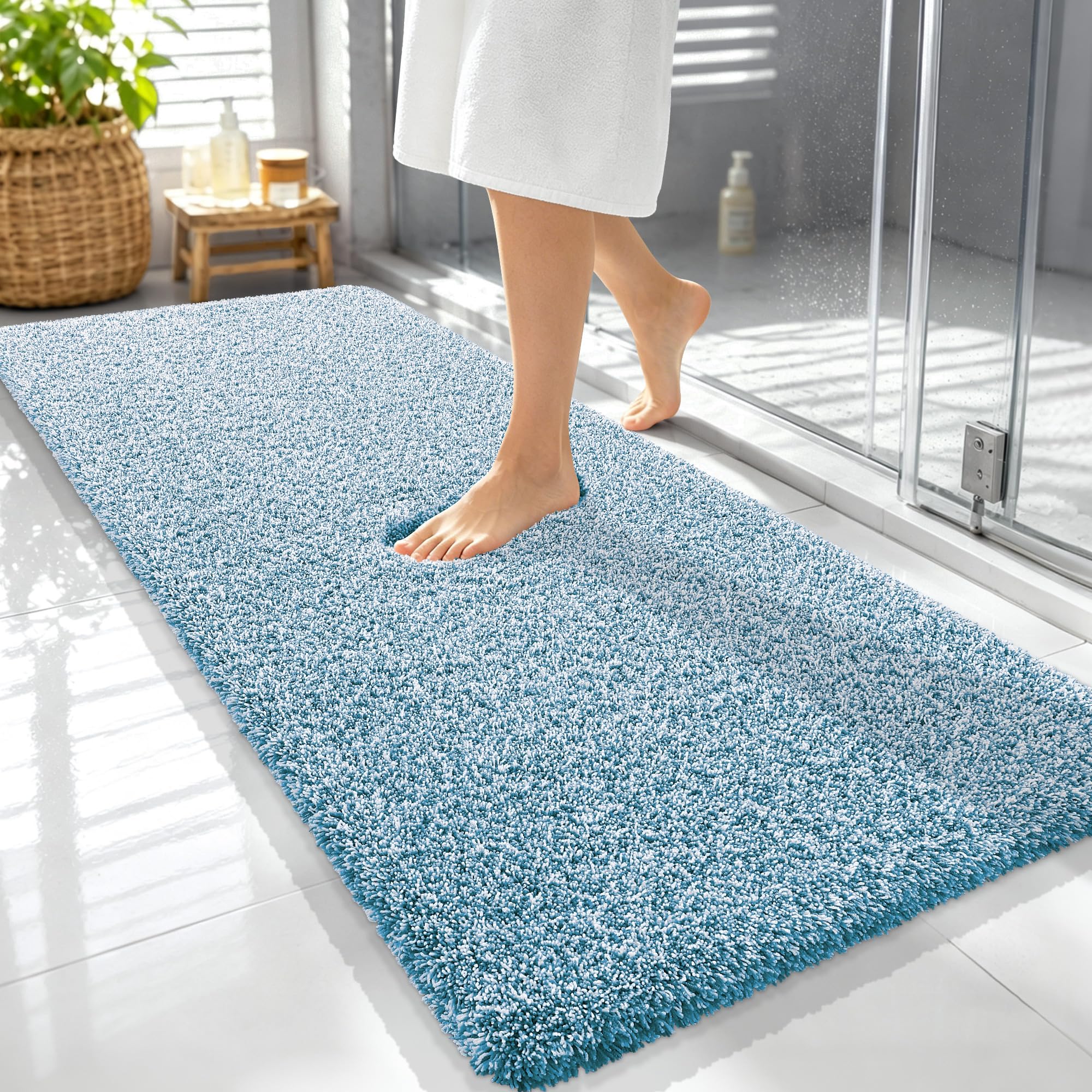 OLANLY Microfiber Soft Bathroom Rugs Mats 59x24, Peacock Blue and White