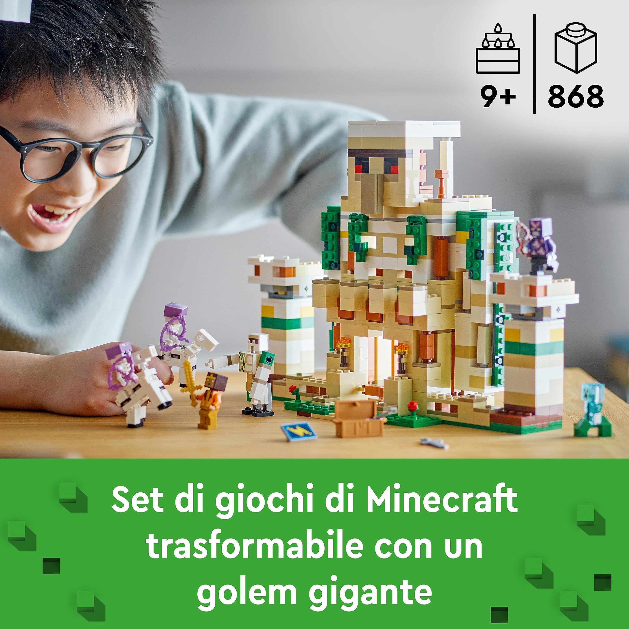 LEGO Minecraft La Fortezza del Golem di Ferro, Castello Giocattolo che si Trasforma in Action Figure con 7 Personaggi tra cui Cavaliere di Cristallo, Cavalieri Scheletrici e Creeper Caricato 21250