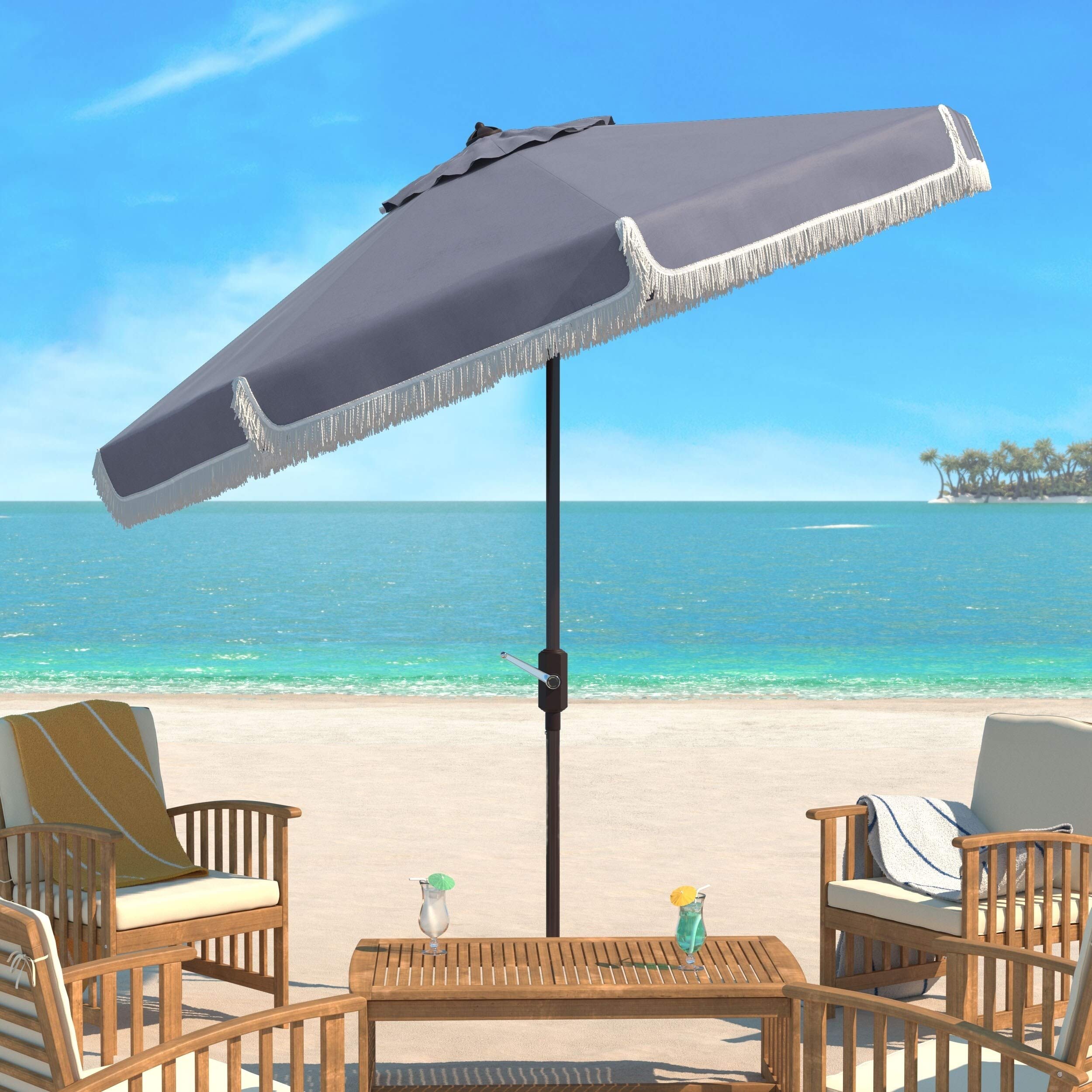 Fringe 9 Ft Crank Grey/White Outdoor Umbrella Grey Classic Octagonal Aluminum Wood : Patio, Lawn & Garden