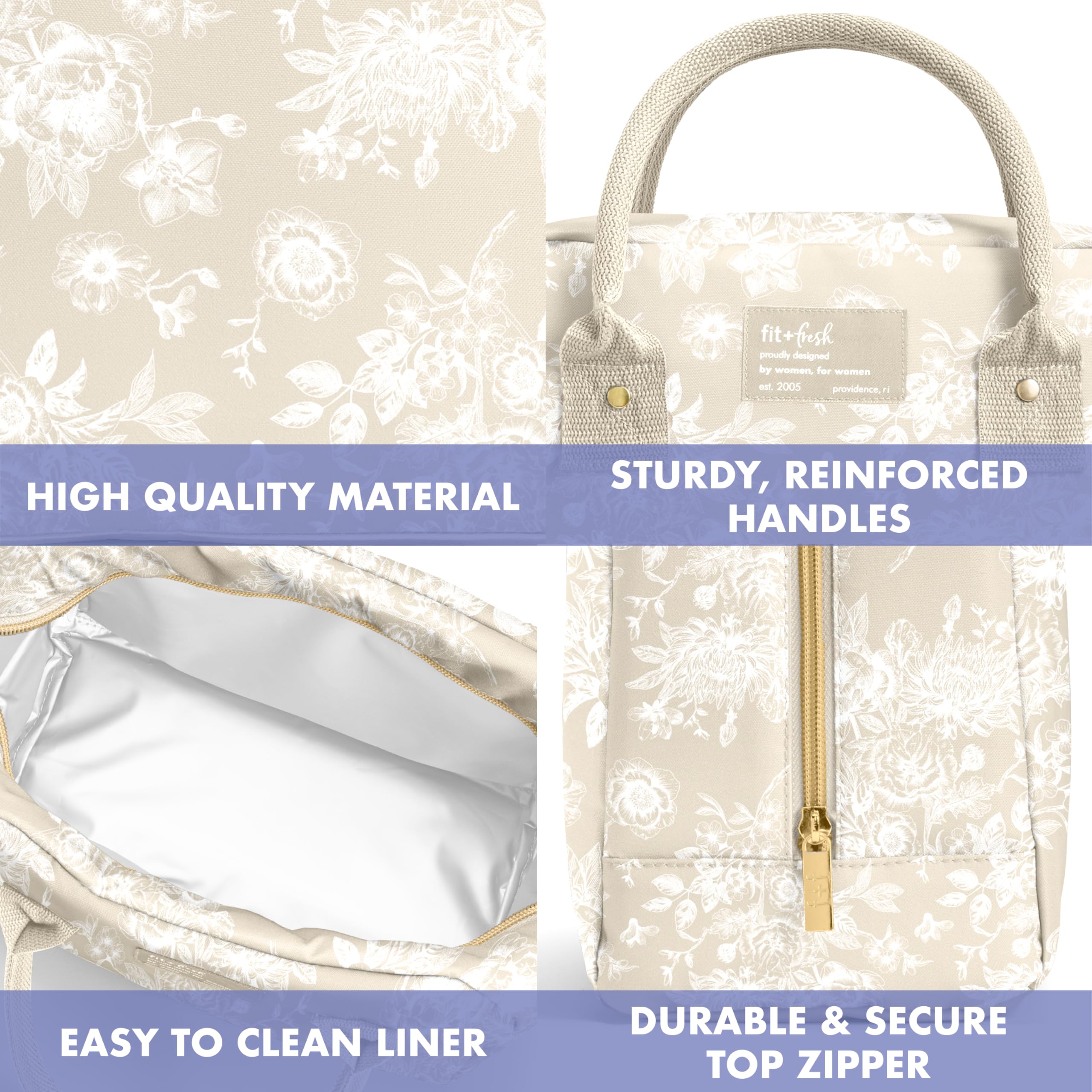 Fit & Fresh Bloomington Bolsa de almuerzo isotérmica para mujer – Gran caja de almuerzo isotérmica para trabajar con contenedores, antifugas, resistente a las manchas, cremallera, lona marrón claro
