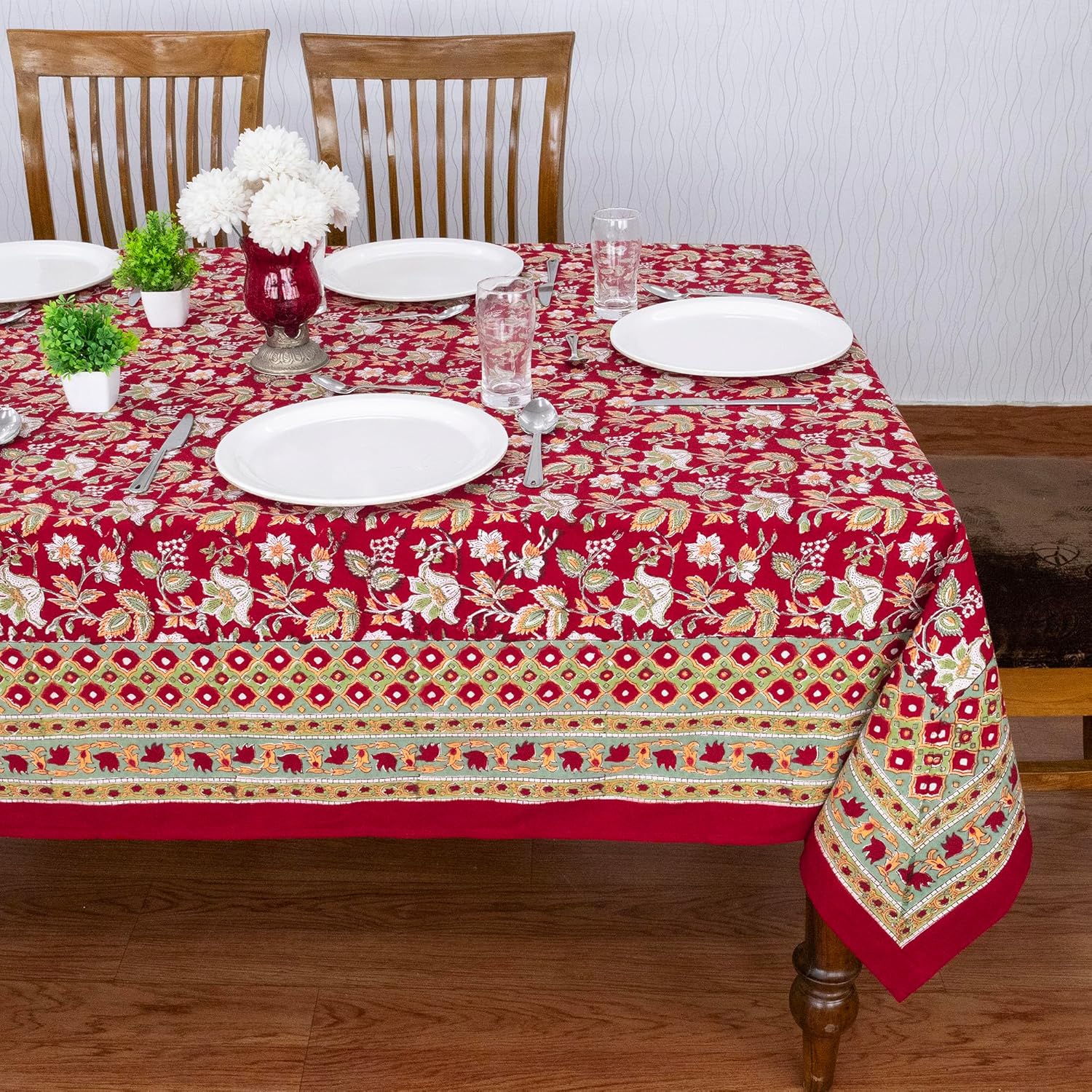 60x90 Inches Rectangle Hand Block Printed Cotton Tablecloth, Red Green Floral Table Cloths Washable, Indian Table Linen for Valentine Thanksgiving Gifts Dinning Home Decor Outdoor